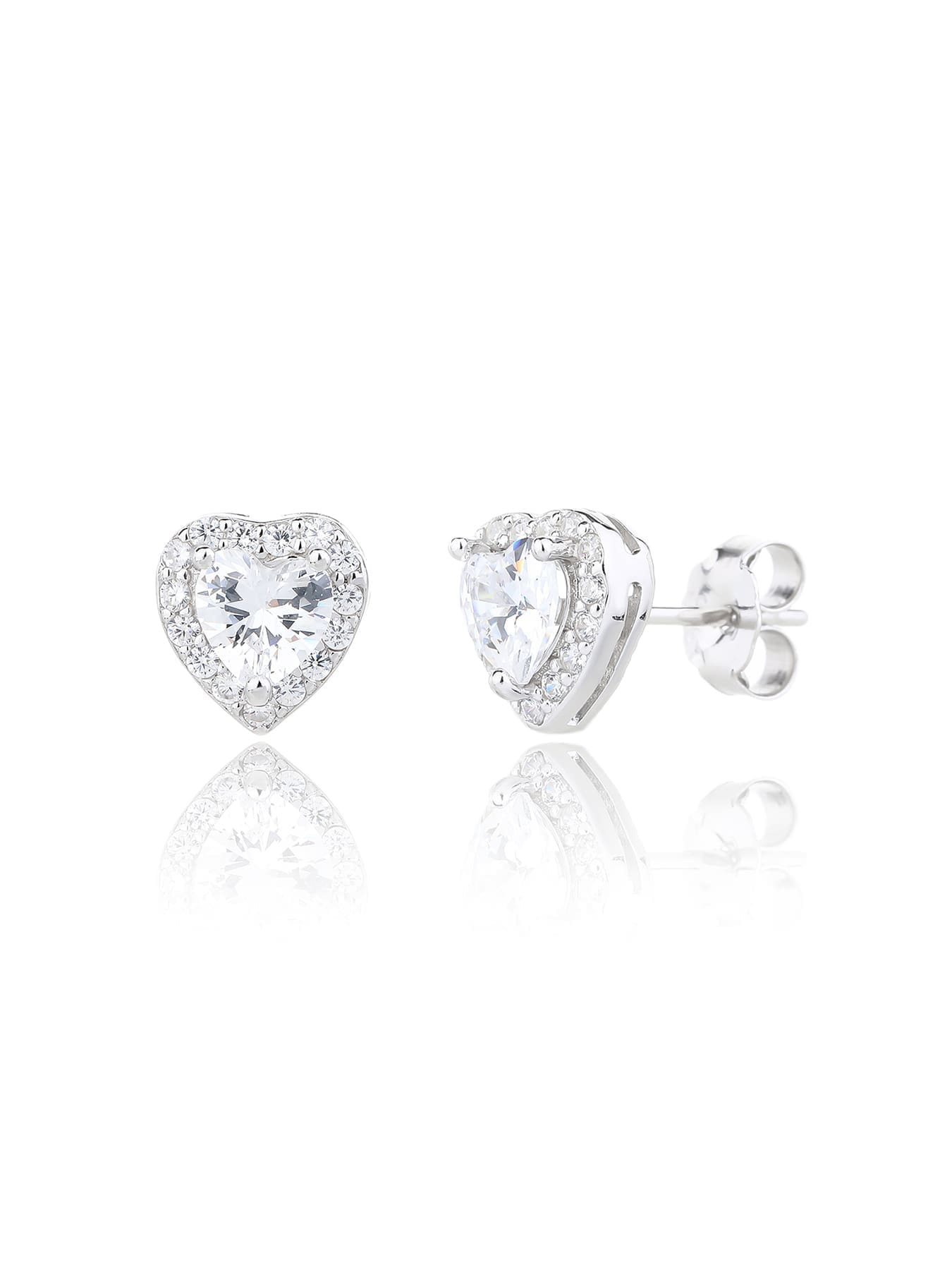 white heart shaped stone stud earrings with white cubic zirconia in hallmarked, rhodium-plated 925 sterling silver – alternate front and side views – DRESCHER Jewellery®