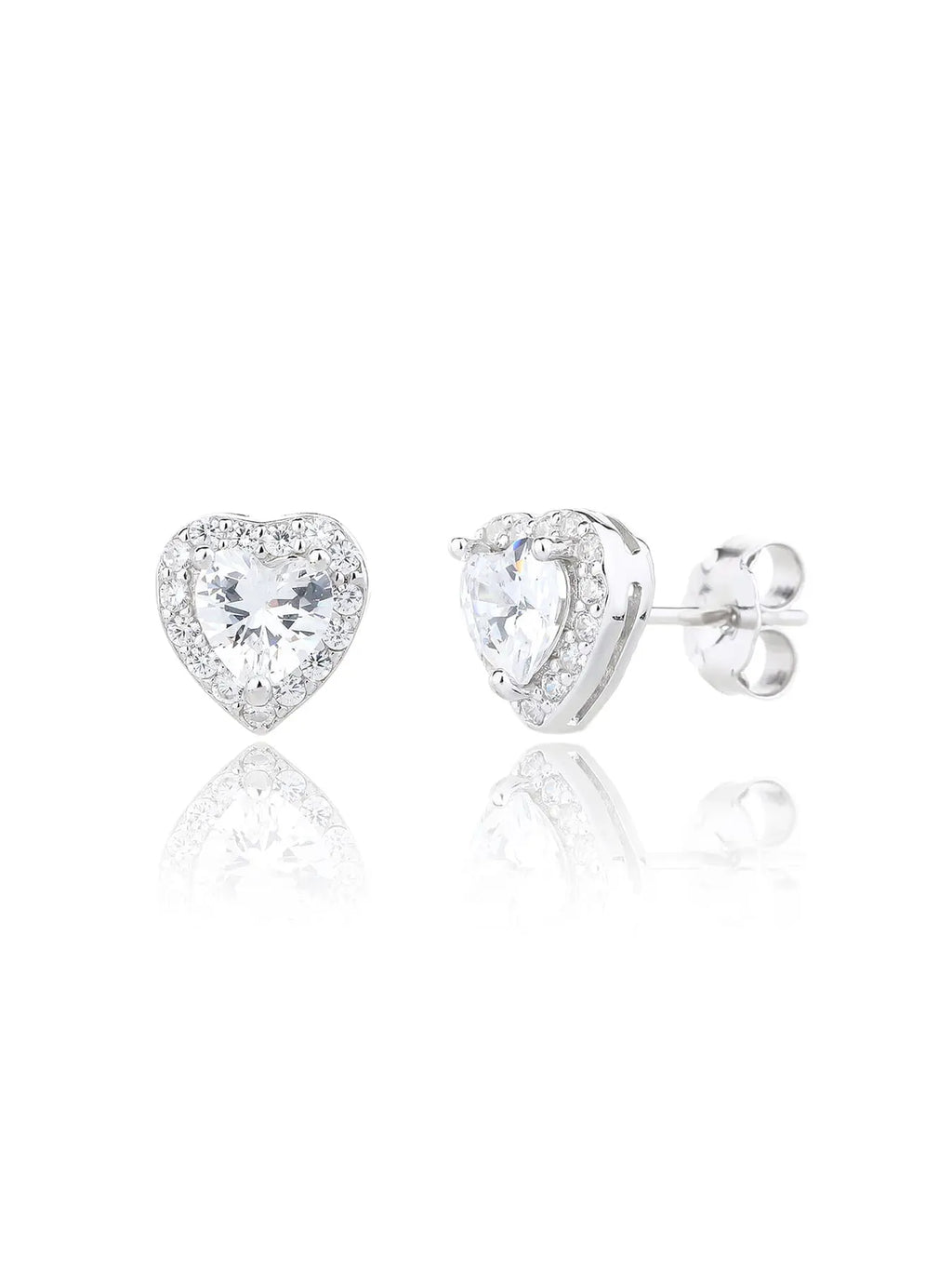 white heart shaped stone stud earrings with white cubic zirconia in hallmarked, rhodium-plated 925 sterling silver – front and side views – DRESCHER Jewellery®