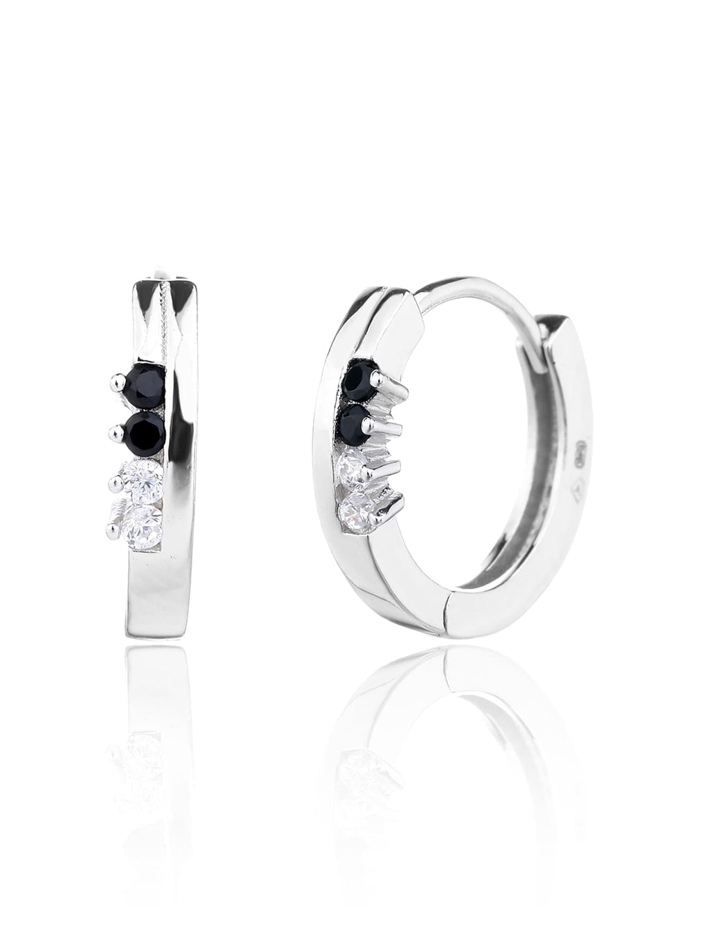 Black and white cubic zirconia hoop earrings in hallmarked, rhodium-plated 925 sterling silver – front and side views – DRESCHER Jewellery®