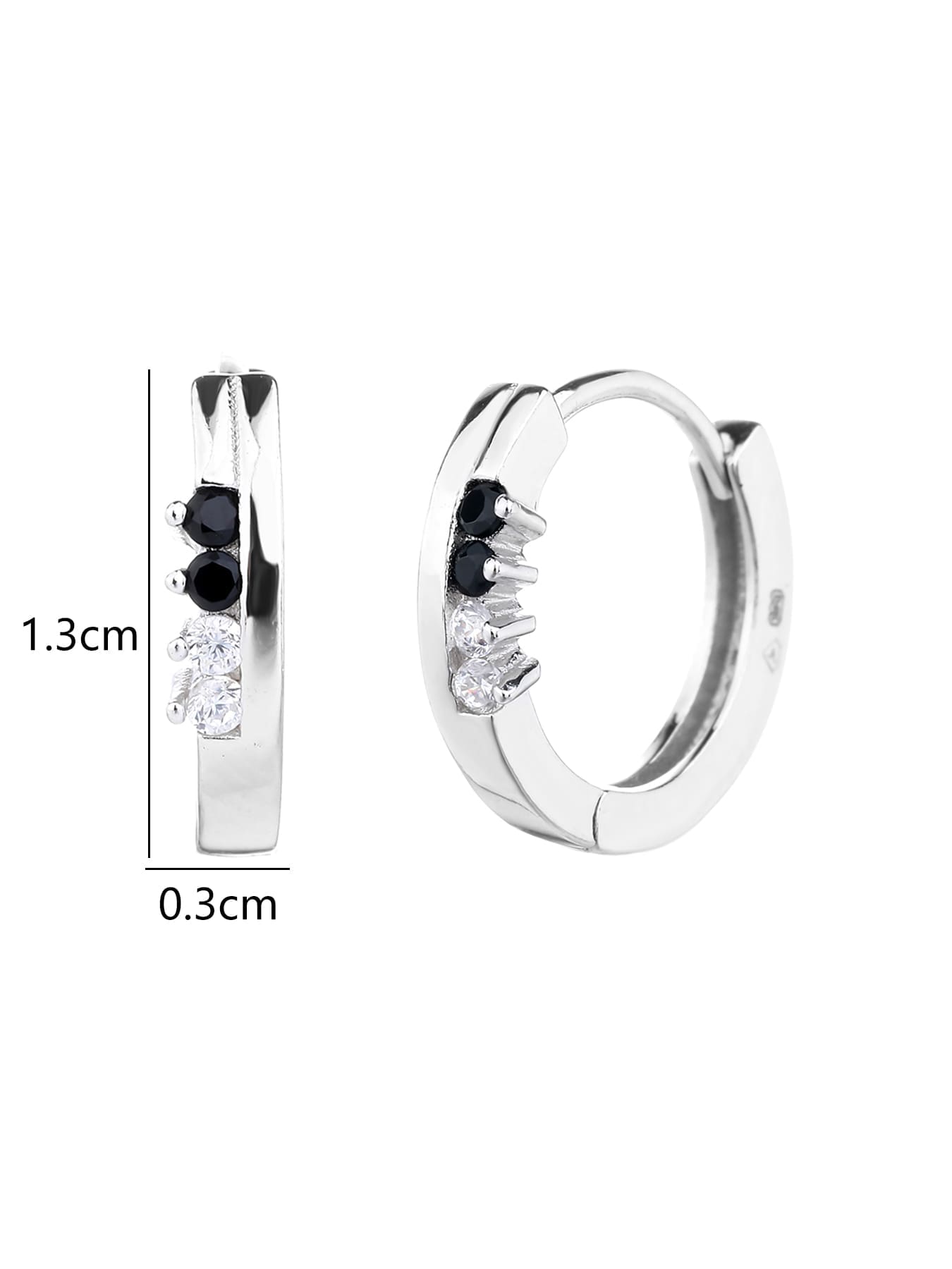 Black and white cubic zirconia hoop earrings in hallmarked, rhodium-plated 925 sterling silver – 1.3 × 0.3 cm dimensions – DRESCHER Jewellery®