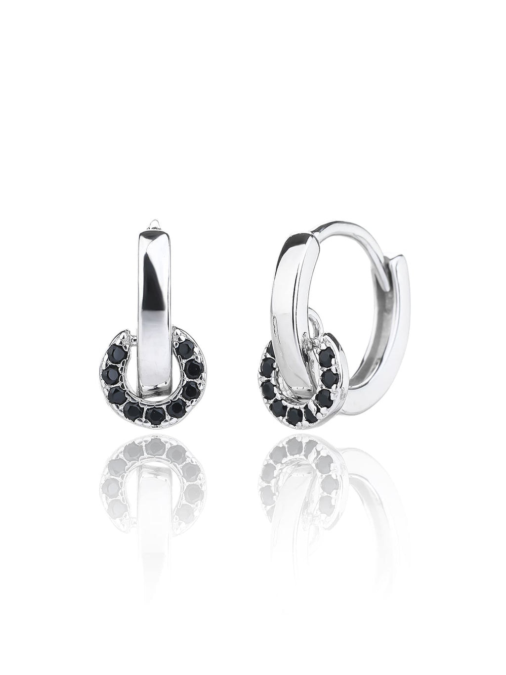 Black stone circle-detail hoop earrings in hallmarked, rhodium-plated 925 sterling silver – front and side views – DRESCHER Jewellery®