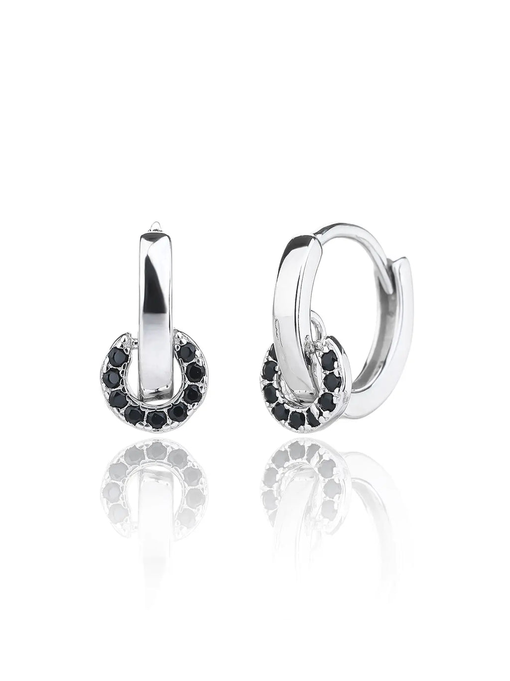 Black stone circle-detail hoop earrings in hallmarked, rhodium-plated 925 sterling silver – front and side views – DRESCHER Jewellery®