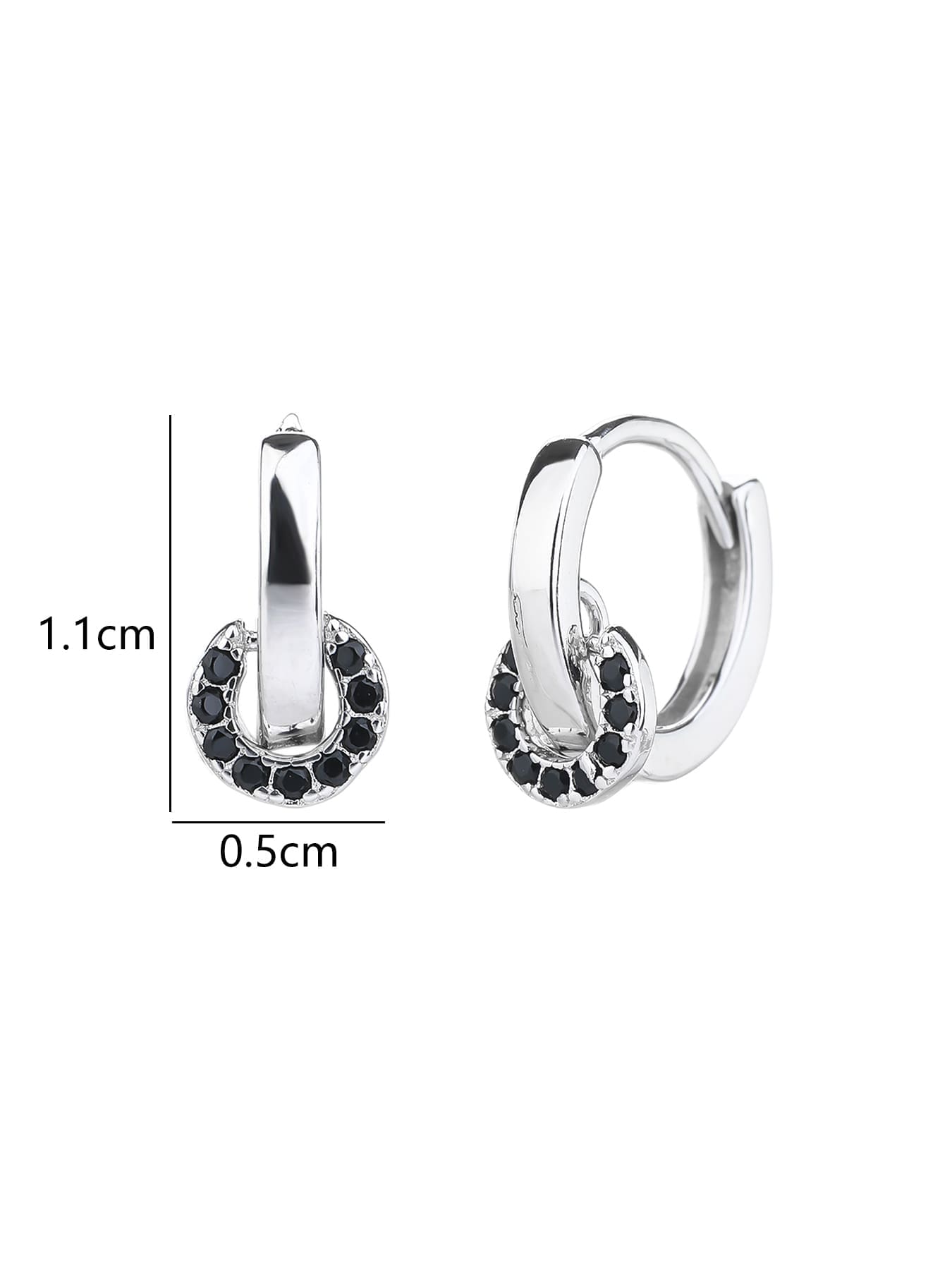 Black stone circle-detail hoop earrings in hallmarked, rhodium-plated 925 sterling silver – 1.1 × 0.5 cm dimensions – DRESCHER Jewellery®