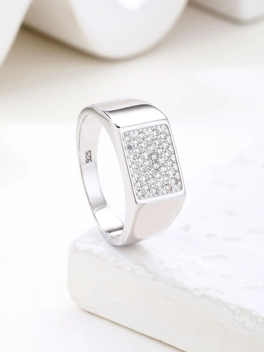 Silver men's ring with white cubic zirconia stones
