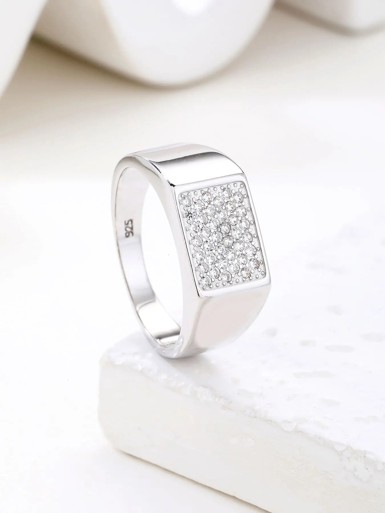 Silver men's ring with white cubic zirconia stones