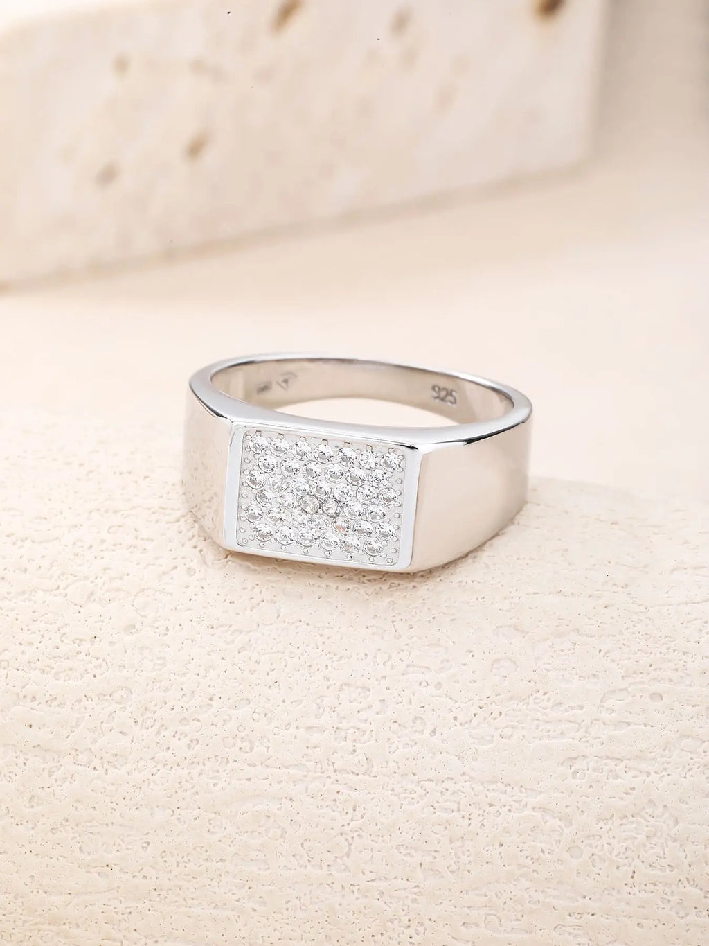 Silver men's ring with white cubic zirconia stones