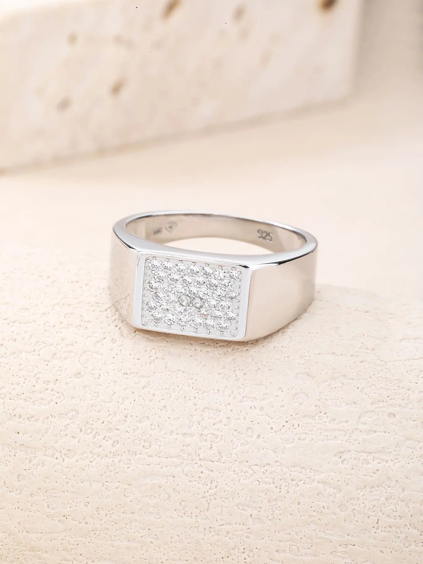 Silver men's ring with white cubic zirconia stones