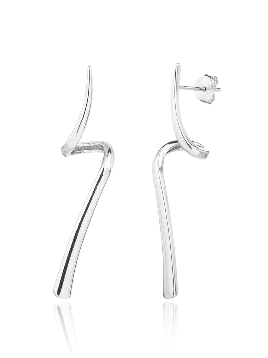 Abstract wave-form drop stud earrings in hallmarked, rhodium-plated 925 sterling silver – front and side views – DRESCHER Jewellery®