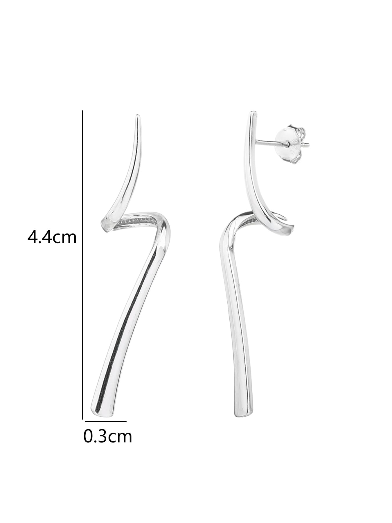 Abstract wave-form drop stud earrings in hallmarked, rhodium-plated 925 sterling silver – 4.4 × 0.3 cm dimensions – DRESCHER Jewellery®