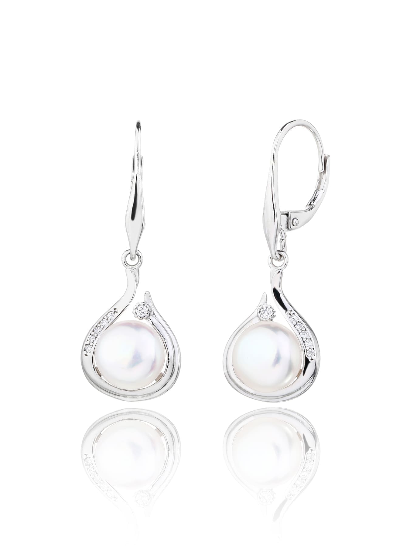 Pearl and white cubic zirconia teardrop leverback earrings, with silver components crafted from hallmarked, rhodium-plated 925 sterling silver – front and side views – DRESCHER Jewellery®