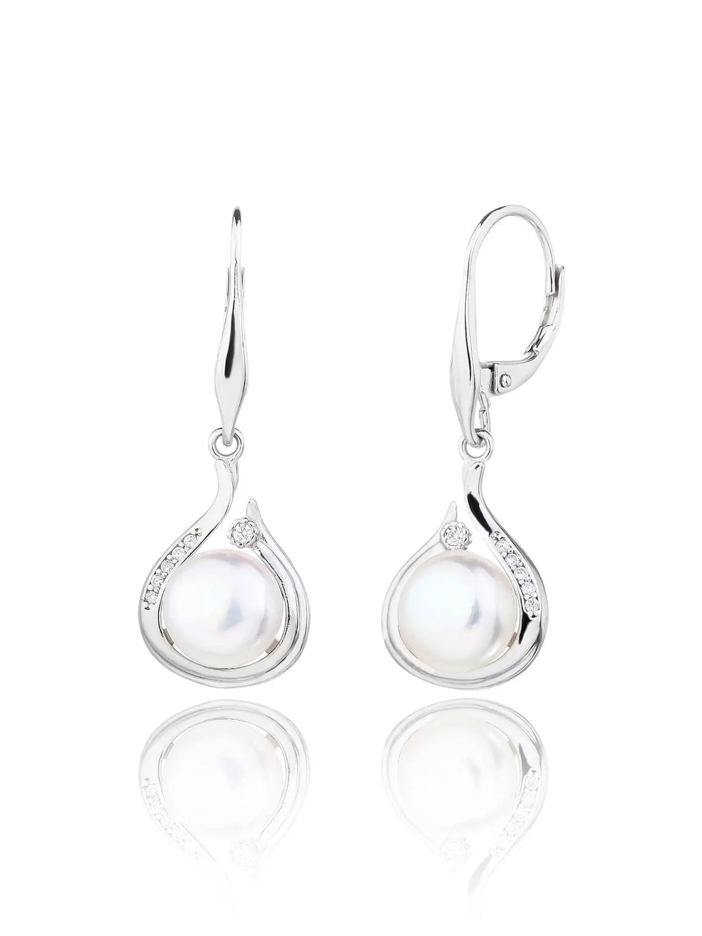 Pearl and white cubic zirconia teardrop leverback earrings, with silver components crafted from hallmarked, rhodium-plated 925 sterling silver – front and side views – DRESCHER Jewellery®