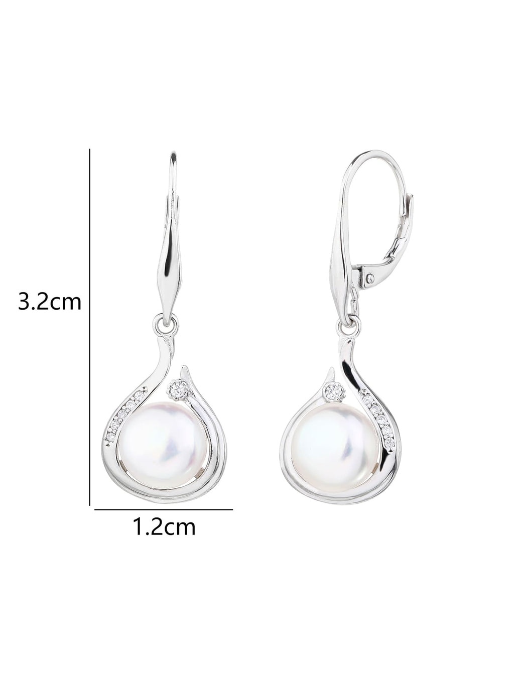 Pearl and white cubic zirconia teardrop leverback earrings, with silver components crafted from hallmarked, rhodium-plated 925 sterling silver – 3.2 × 1.2 cm dimensions – DRESCHER Jewellery®