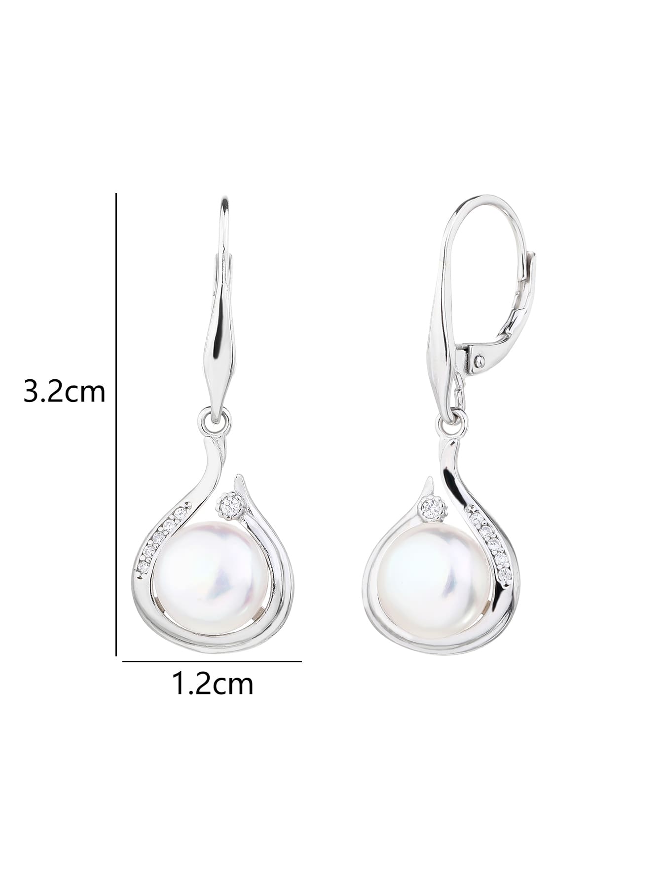 Pearl and white cubic zirconia teardrop leverback earrings, with silver components crafted from hallmarked, rhodium-plated 925 sterling silver – 3.2 × 1.2 cm dimensions – DRESCHER Jewellery®
