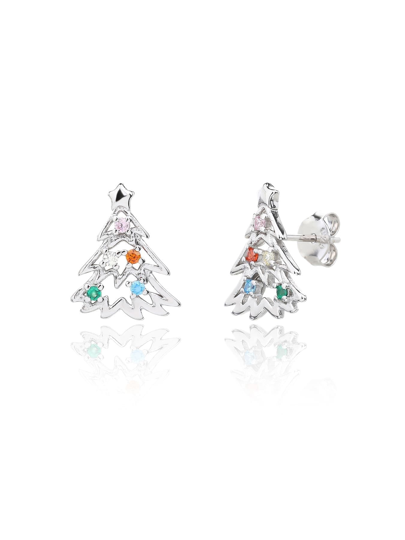 Multicoloured cubic zirconia Christmas-tree stud earrings in hallmarked, rhodium-plated 925 sterling silver – front and side views – DRESCHER Jewellery®
