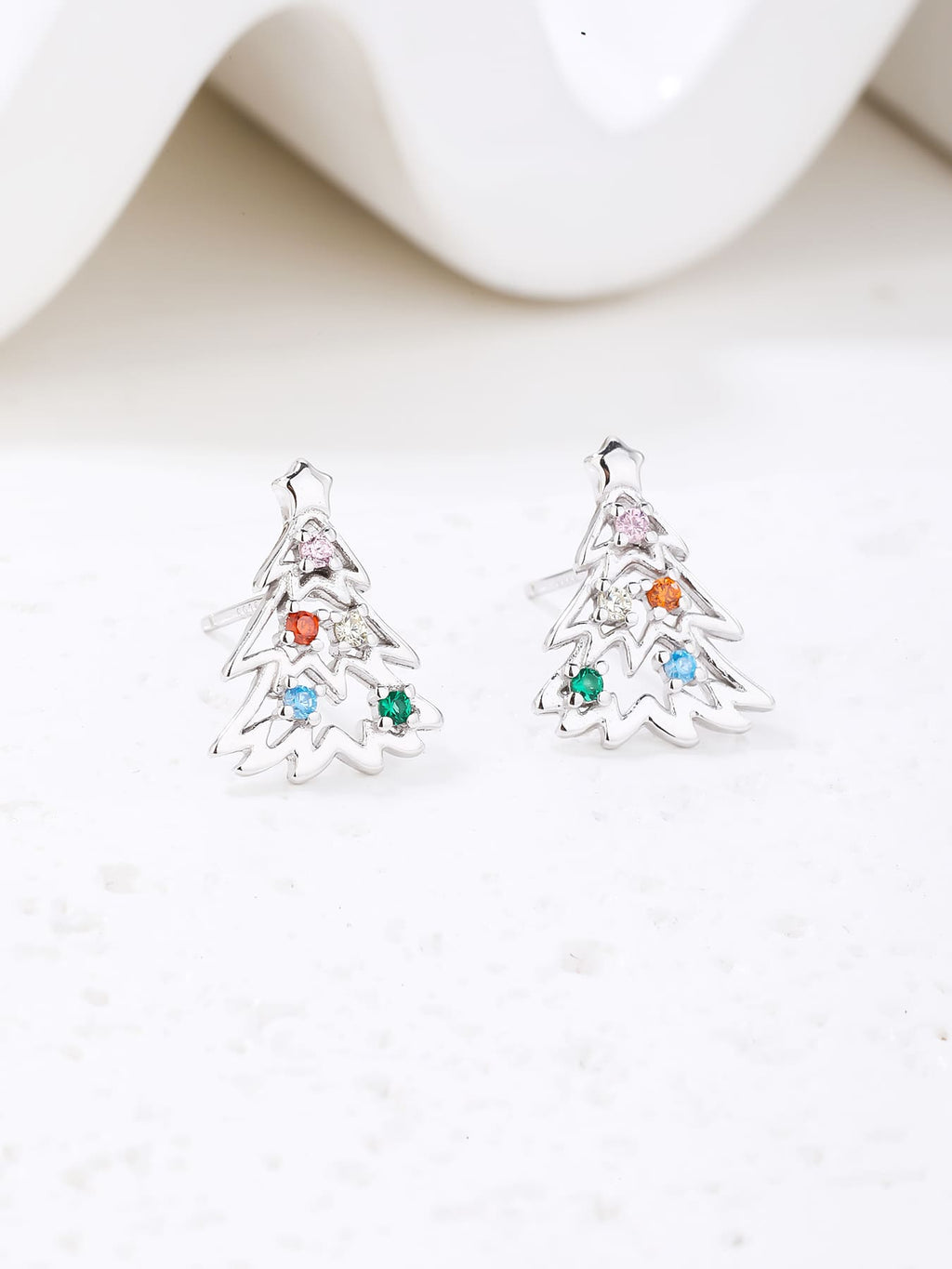Multicoloured cubic zirconia Christmas-tree stud earrings in hallmarked, rhodium-plated 925 sterling silver – display view – DRESCHER Jewellery®