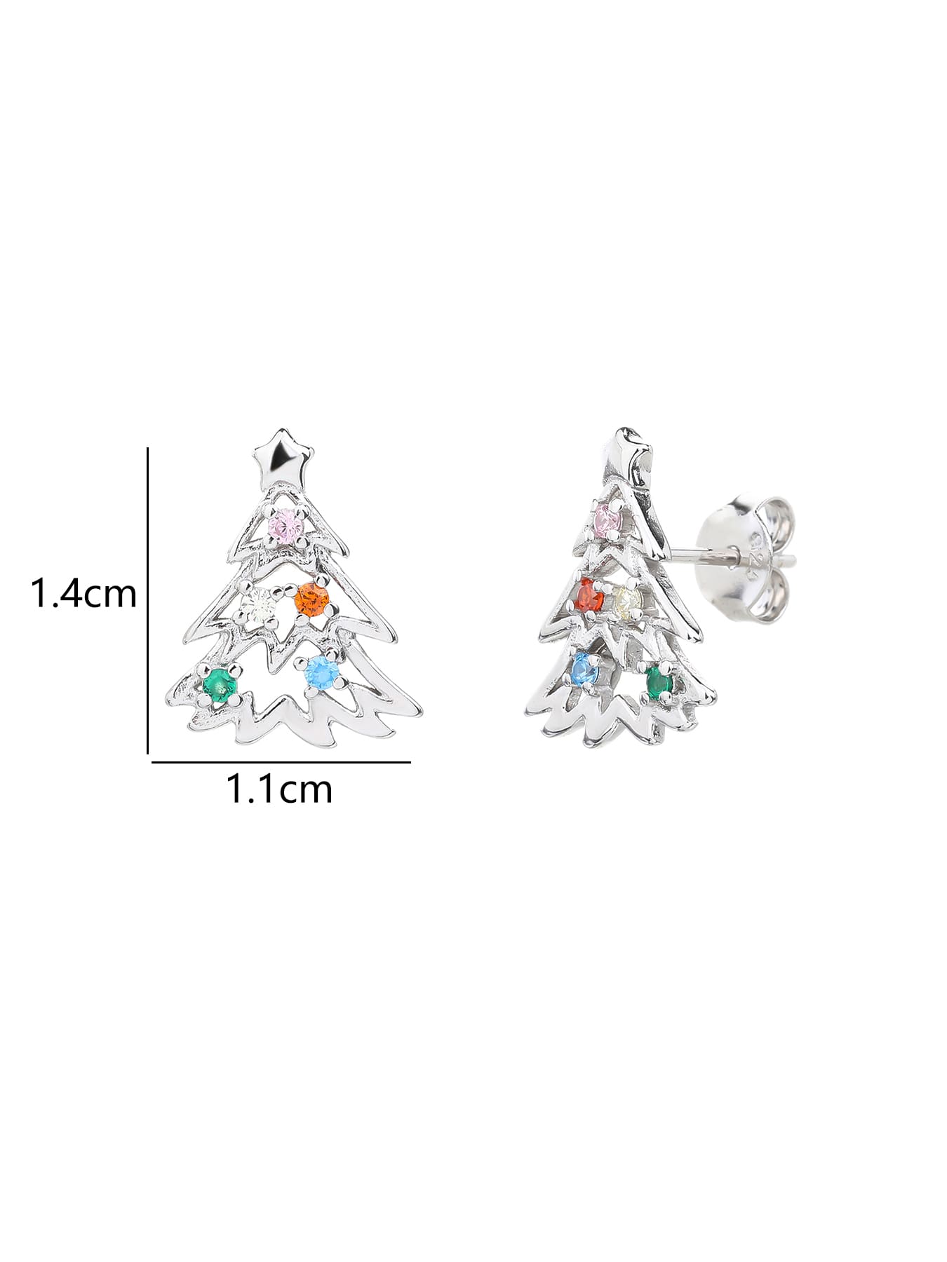 Multicoloured cubic zirconia Christmas-tree stud earrings in hallmarked, rhodium-plated 925 sterling silver – 1.4 × 1.1 cm dimensions – DRESCHER Jewellery®