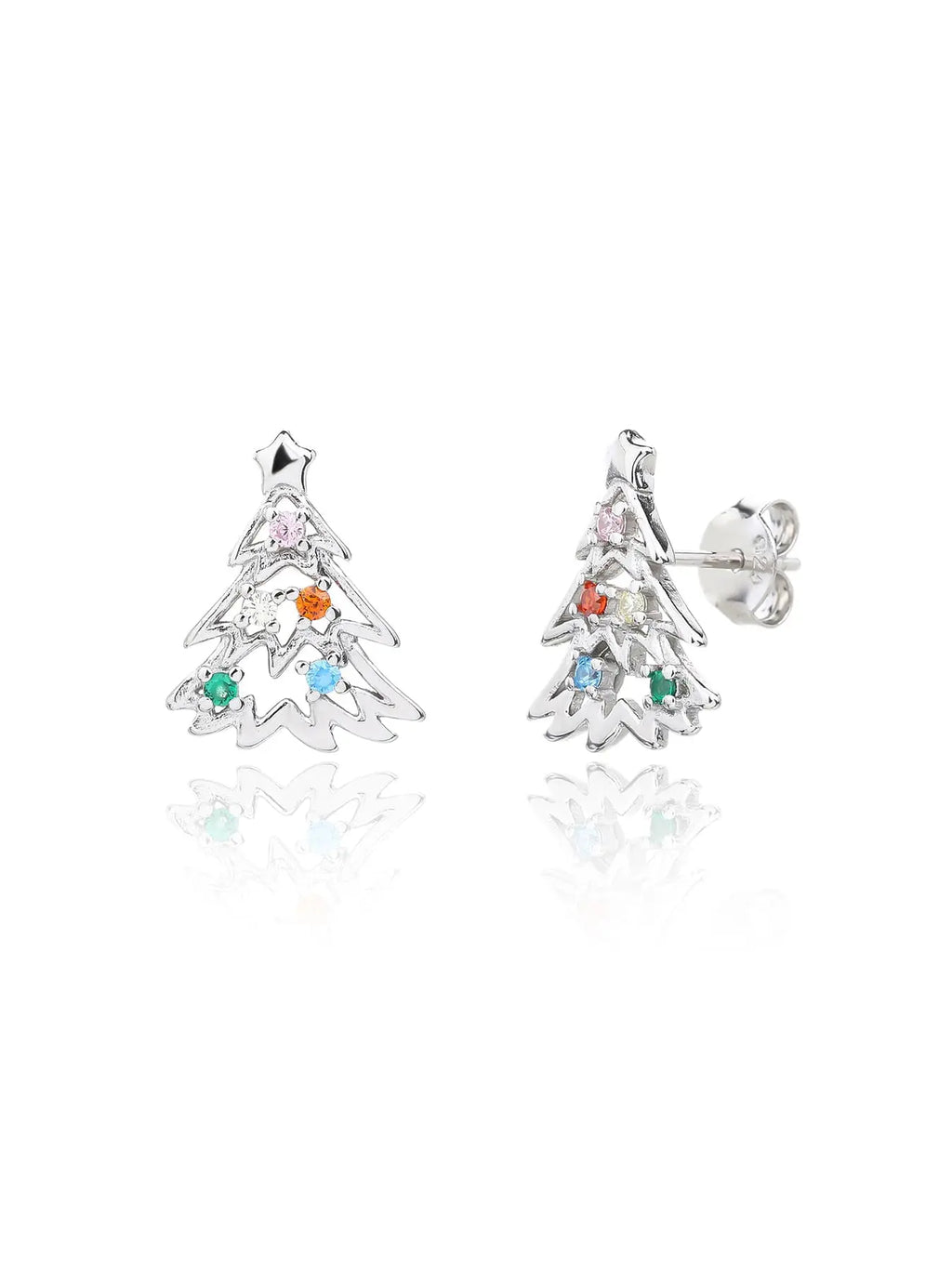 Multicoloured cubic zirconia Christmas-tree stud earrings in hallmarked, rhodium-plated 925 sterling silver – front and side views – DRESCHER Jewellery®