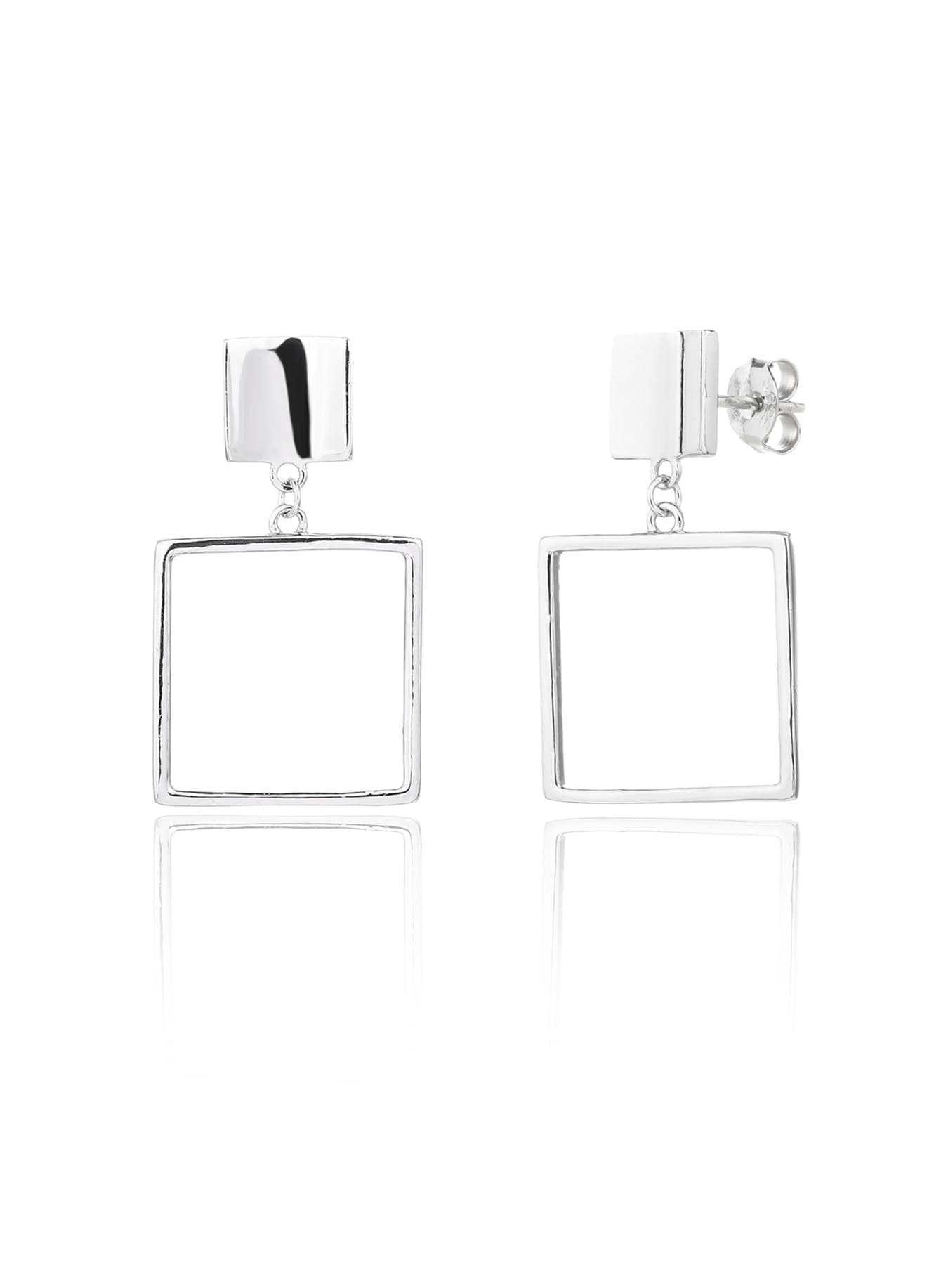 Minimalist open-square drop stud earrings in hallmarked, rhodium-plated 925 sterling silver – front and side views – DRESCHER Jewellery®