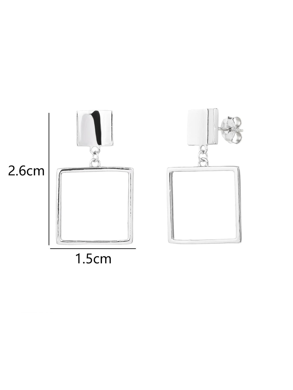 Minimalist open-square drop stud earrings in hallmarked, rhodium-plated 925 sterling silver – 2.6 × 1.5 cm dimensions – DRESCHER Jewellery®