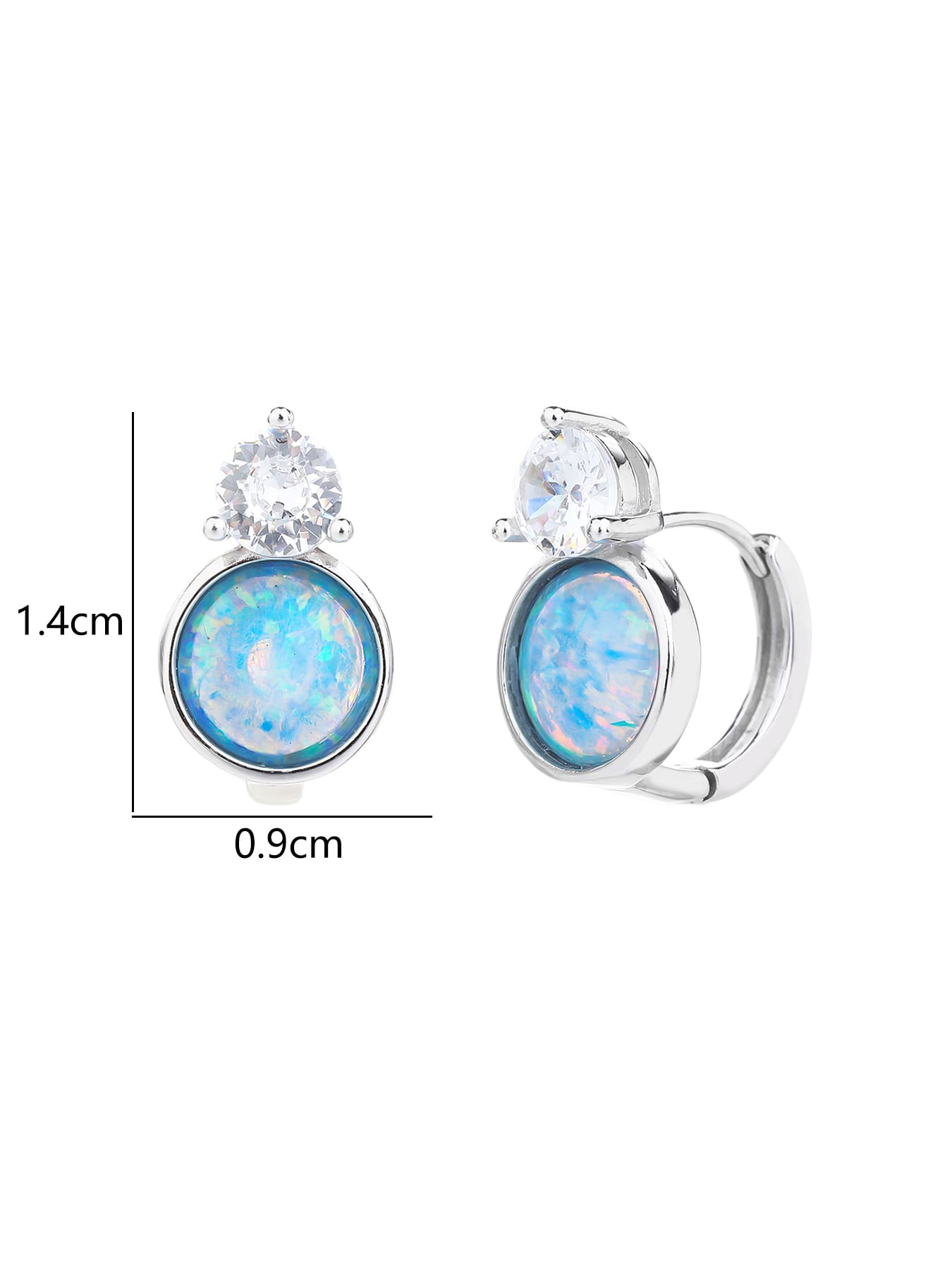 Light blue opal and white cubic zirconia huggie earrings in hallmarked, rhodium-plated 925 sterling silver – 1.4 × 0.9 cm dimensions – DRESCHER Jewellery®