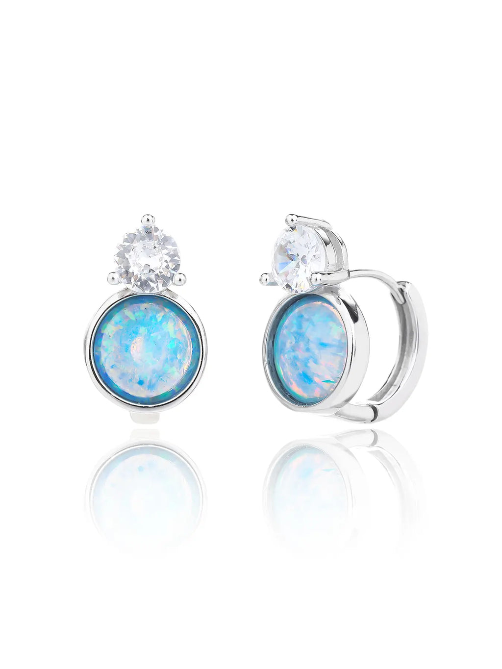 Light blue opal and white cubic zirconia huggie earrings in hallmarked, rhodium-plated 925 sterling silver – front and side views – DRESCHER Jewellery®