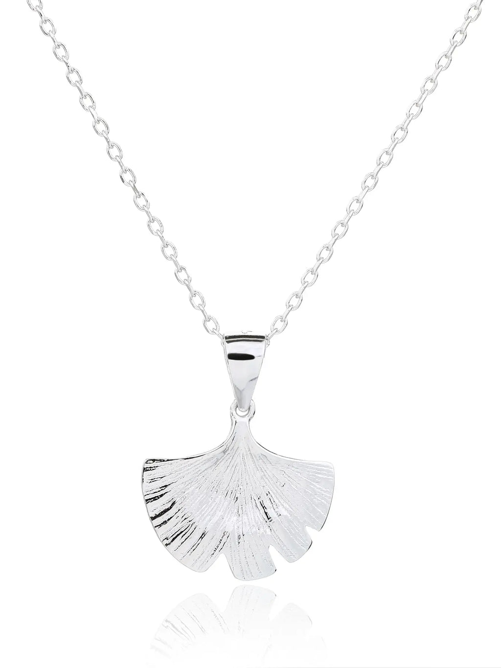 ginkgo biloba leaf necklace in hallmarked, rhodium-plated 925 sterling silver – front view – DRESCHER Jewellery®