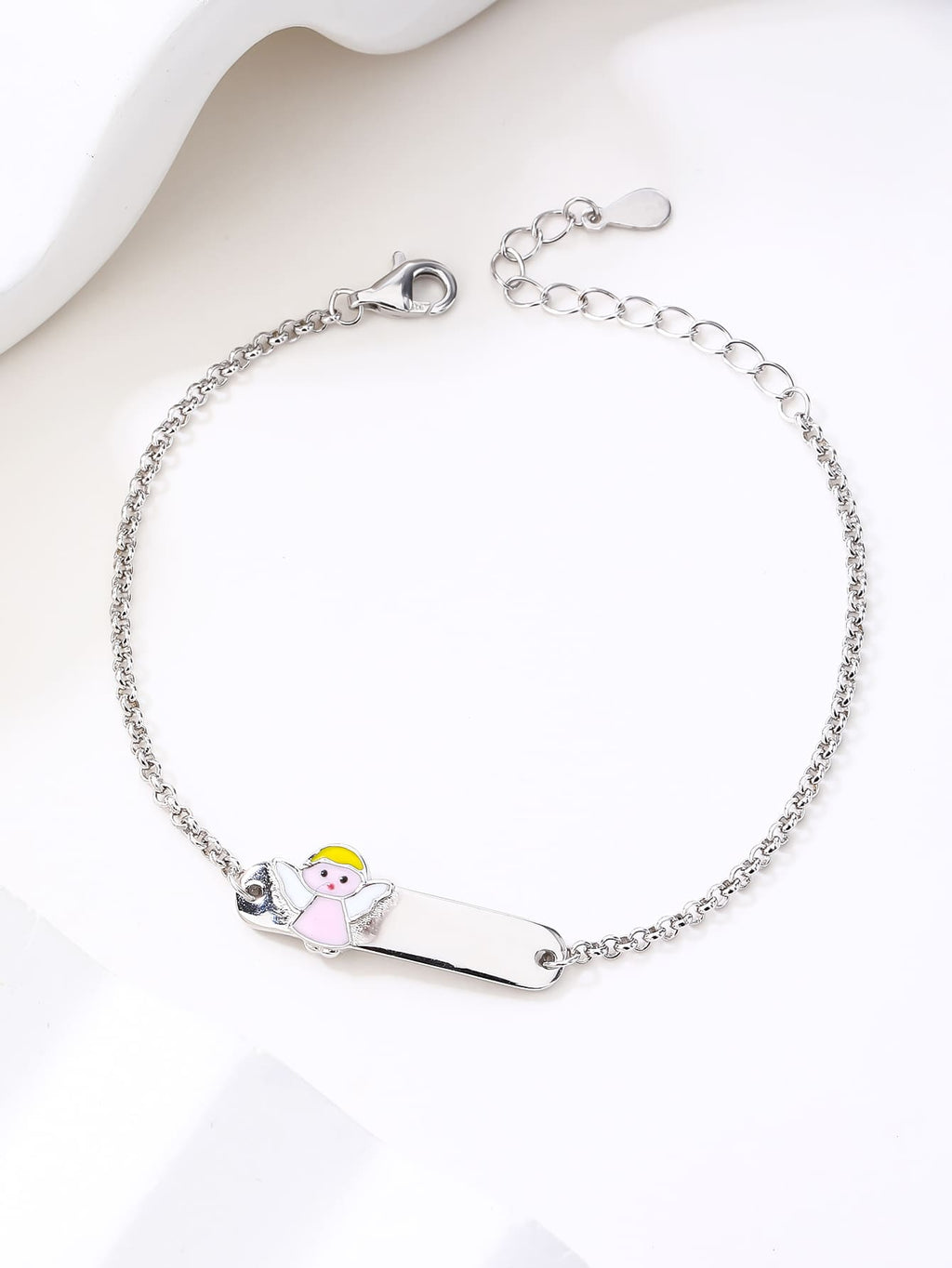 bracelet for children with angel figure, engravable (14+4 cm) in hallmarked, rhodium-plated 925 sterling silver – lifestyle view – DRESCHER Jewellery®