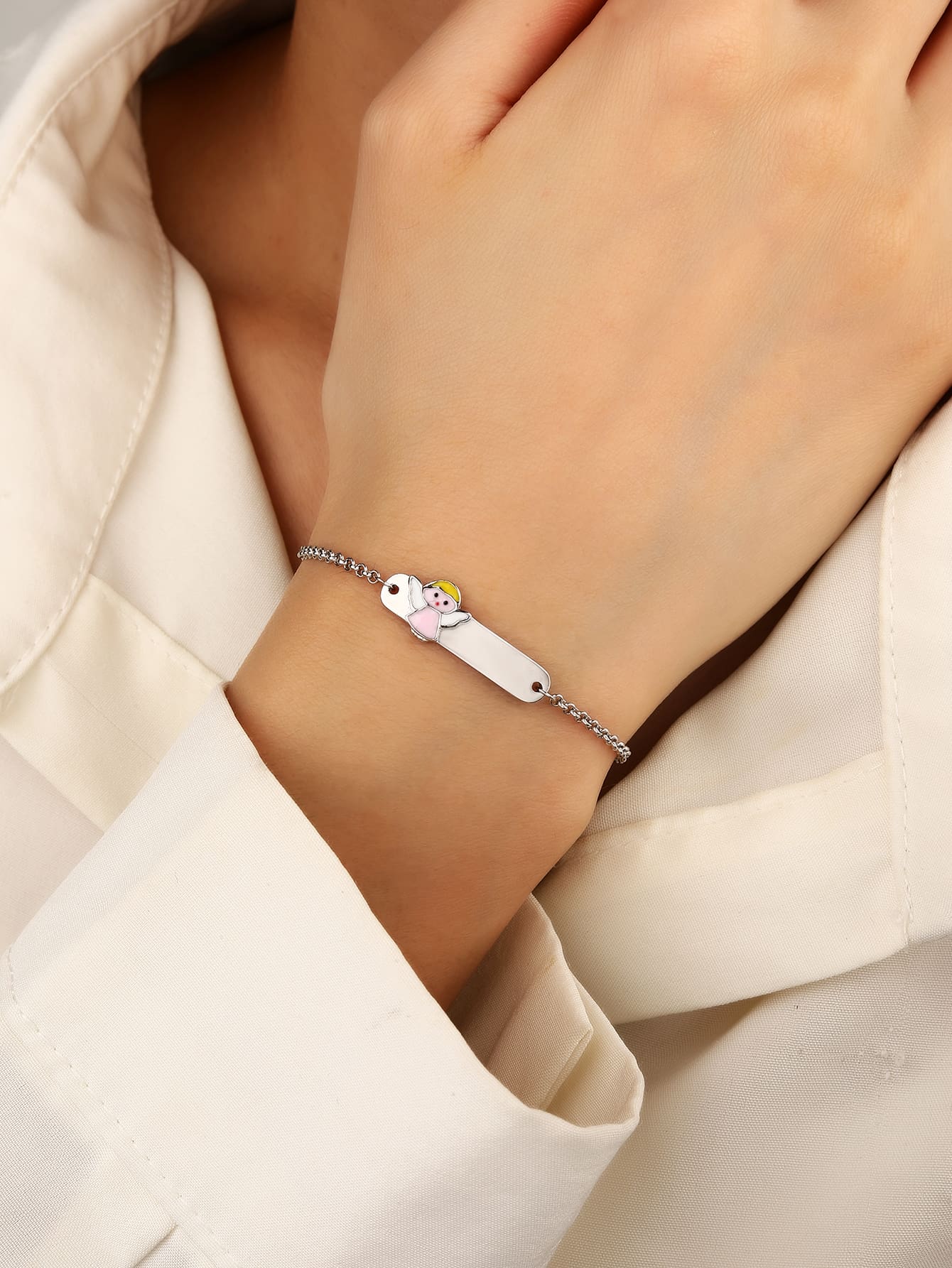 bracelet for children with angel figure, engravable (14+4 cm) in hallmarked, rhodium-plated 925 sterling silver – dimensions view – DRESCHER Jewellery®