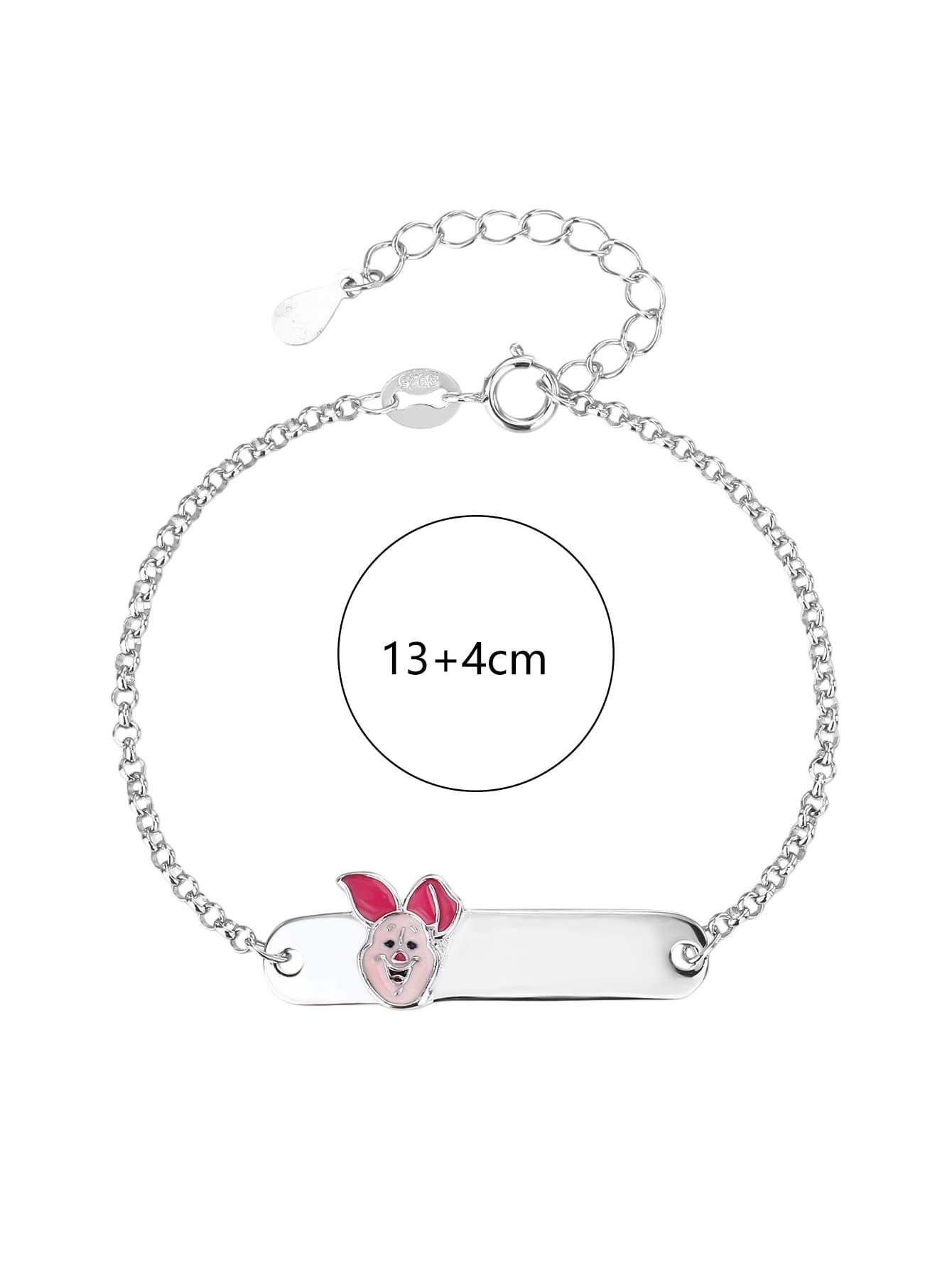 Pink enamel pig hallmarked, rhodium-plated 925 sterling silver children’s ID bracelet – dimensions – DRESCHER Jewellery®