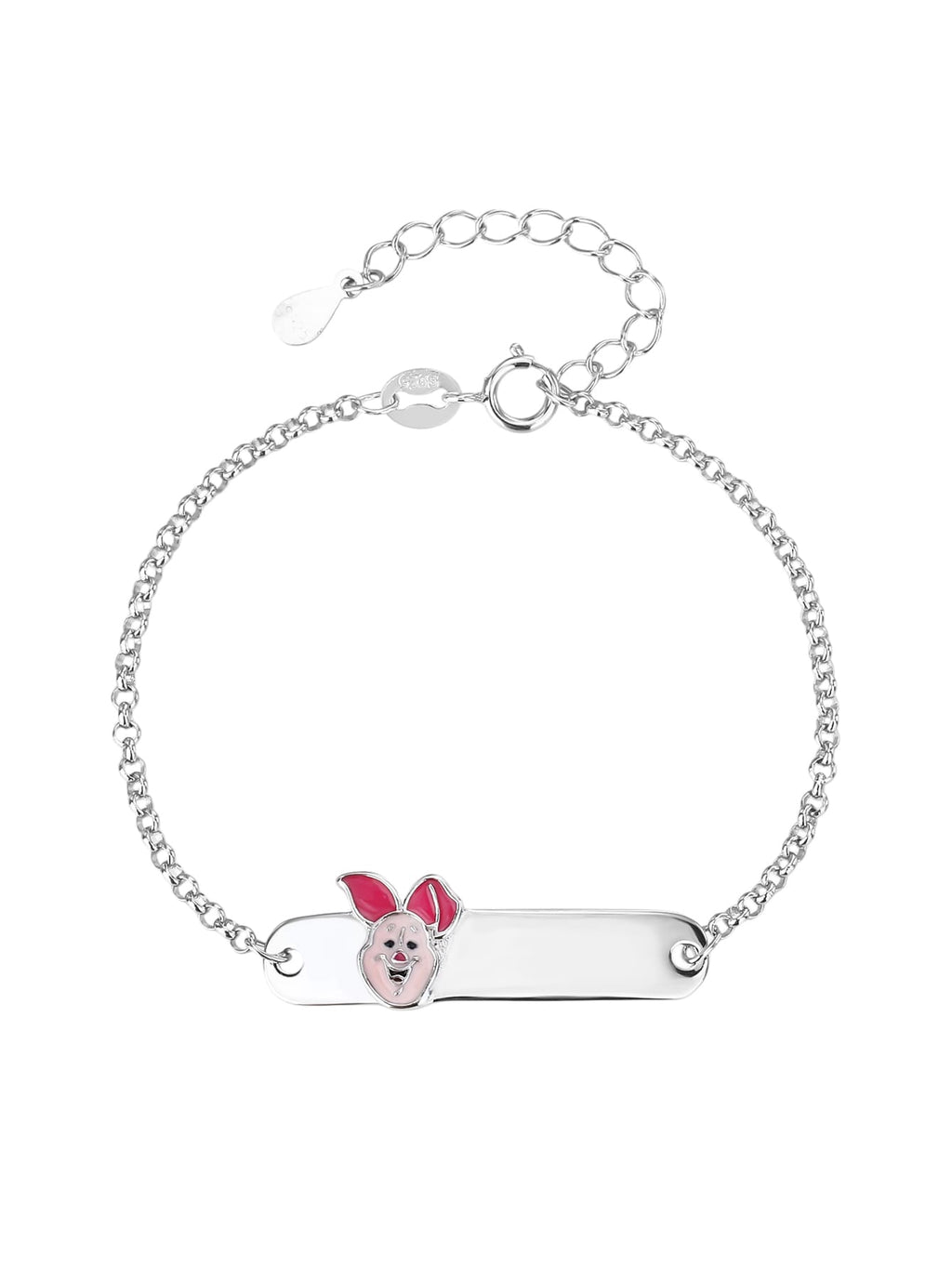 Pink enamel pig hallmarked, rhodium-plated 925 sterling silver children’s ID bracelet – front view – DRESCHER Jewellery®