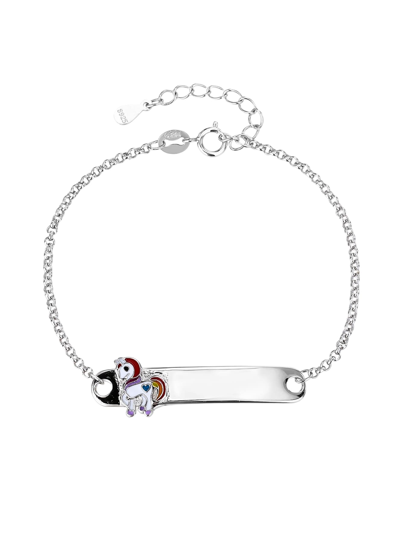 Children's silver bracelet with unicorn figure, engravable (15+4 cm) in hallmarked, rhodium-plated 925 sterling silver – lifestyle view – DRESCHER Jewellery®