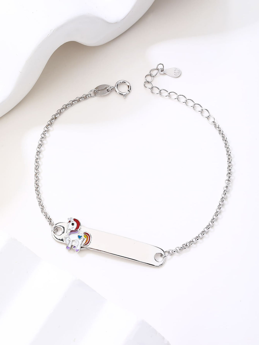 Children's silver bracelet with unicorn figure, engravable (15+4 cm) in hallmarked, rhodium-plated 925 sterling silver – full product view – DRESCHER Jewellery®