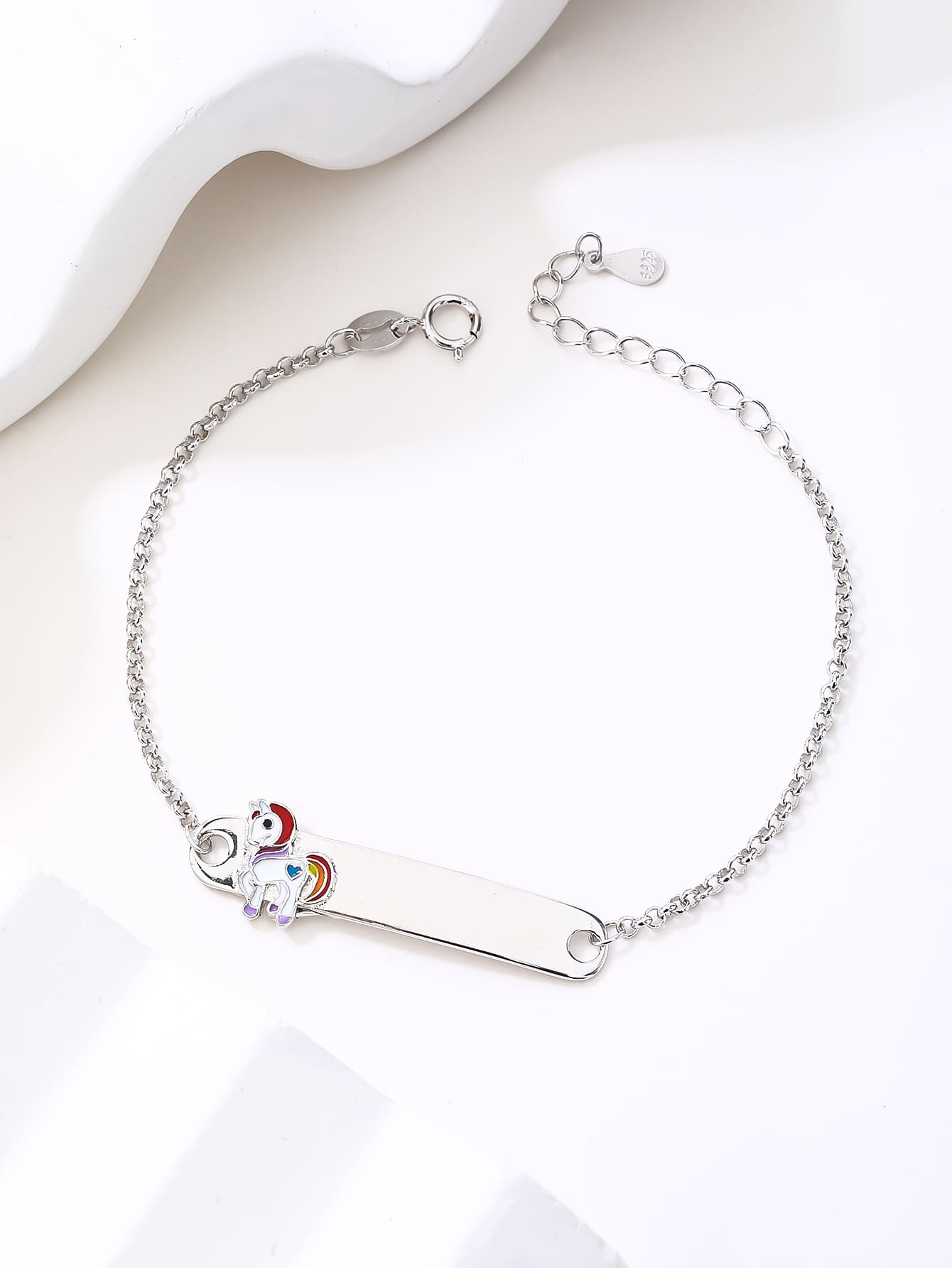 Children's silver bracelet with unicorn figure, engravable (15+4 cm) in hallmarked, rhodium-plated 925 sterling silver – full product view – DRESCHER Jewellery®