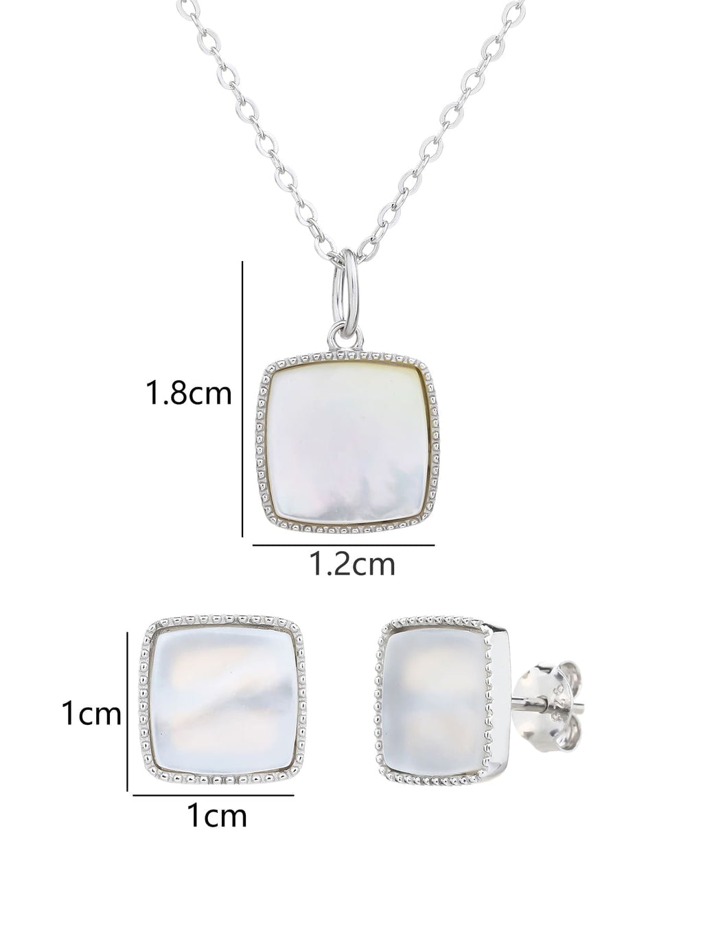 Rectangular pearl-bead jewellery set, crafted with hallmarked, rhodium-plated 925 sterling silver – dimensions view – DRESCHER Jewellery®