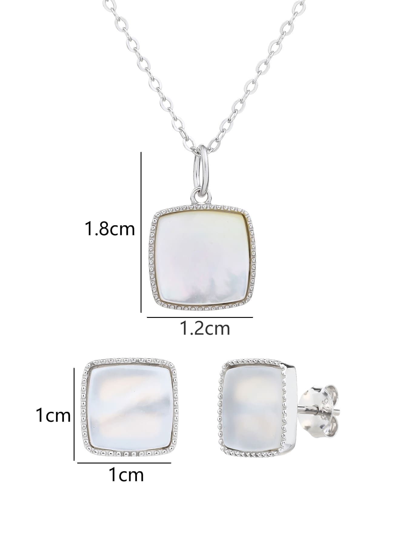 Rectangular pearl-bead jewellery set, crafted with hallmarked, rhodium-plated 925 sterling silver – dimensions view – DRESCHER Jewellery®