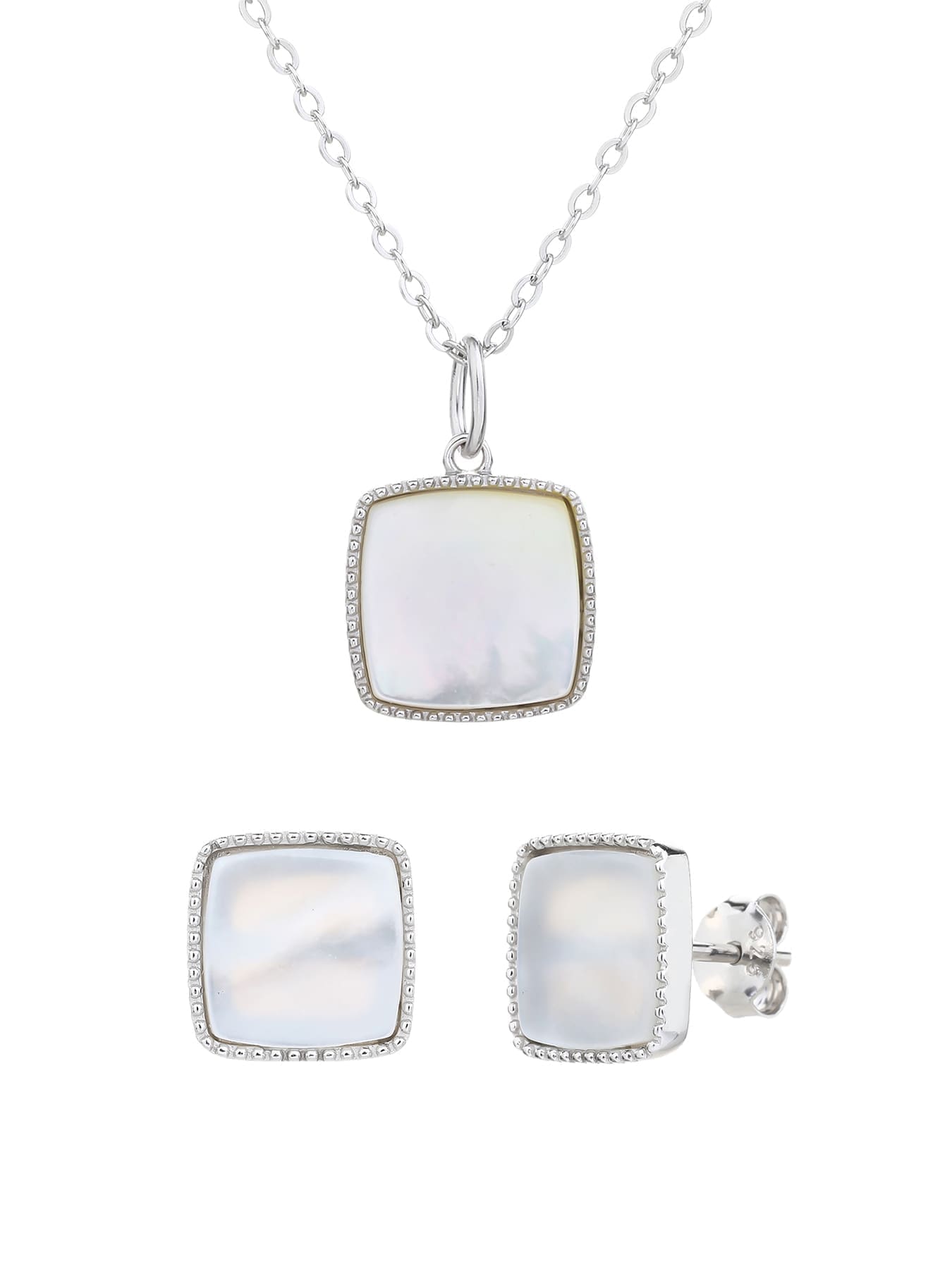 Rectangular pearl-bead jewellery set, crafted with hallmarked, rhodium-plated 925 sterling silver – alternate front set view – DRESCHER Jewellery®