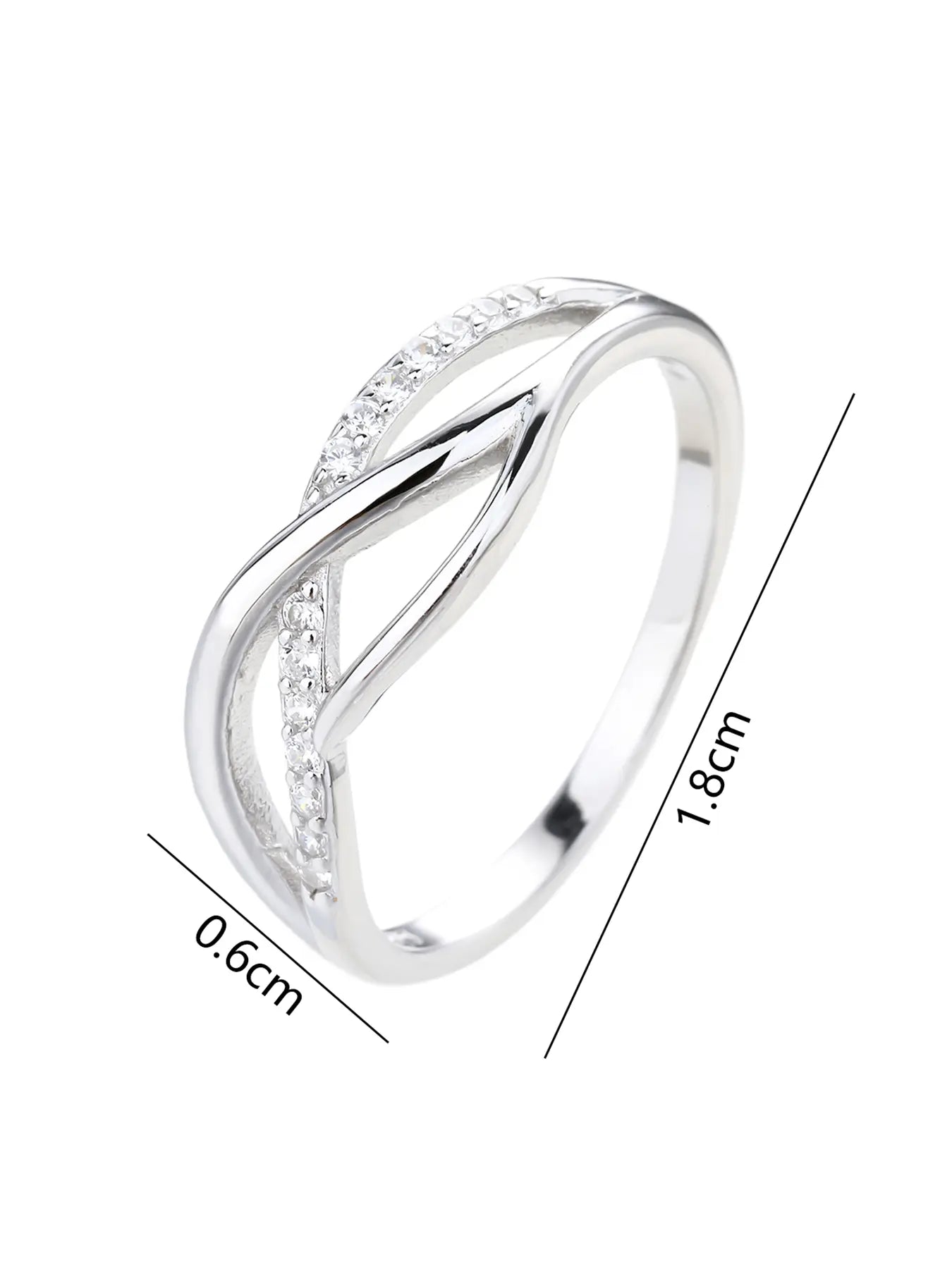 Silver ring with curved motif and white stones