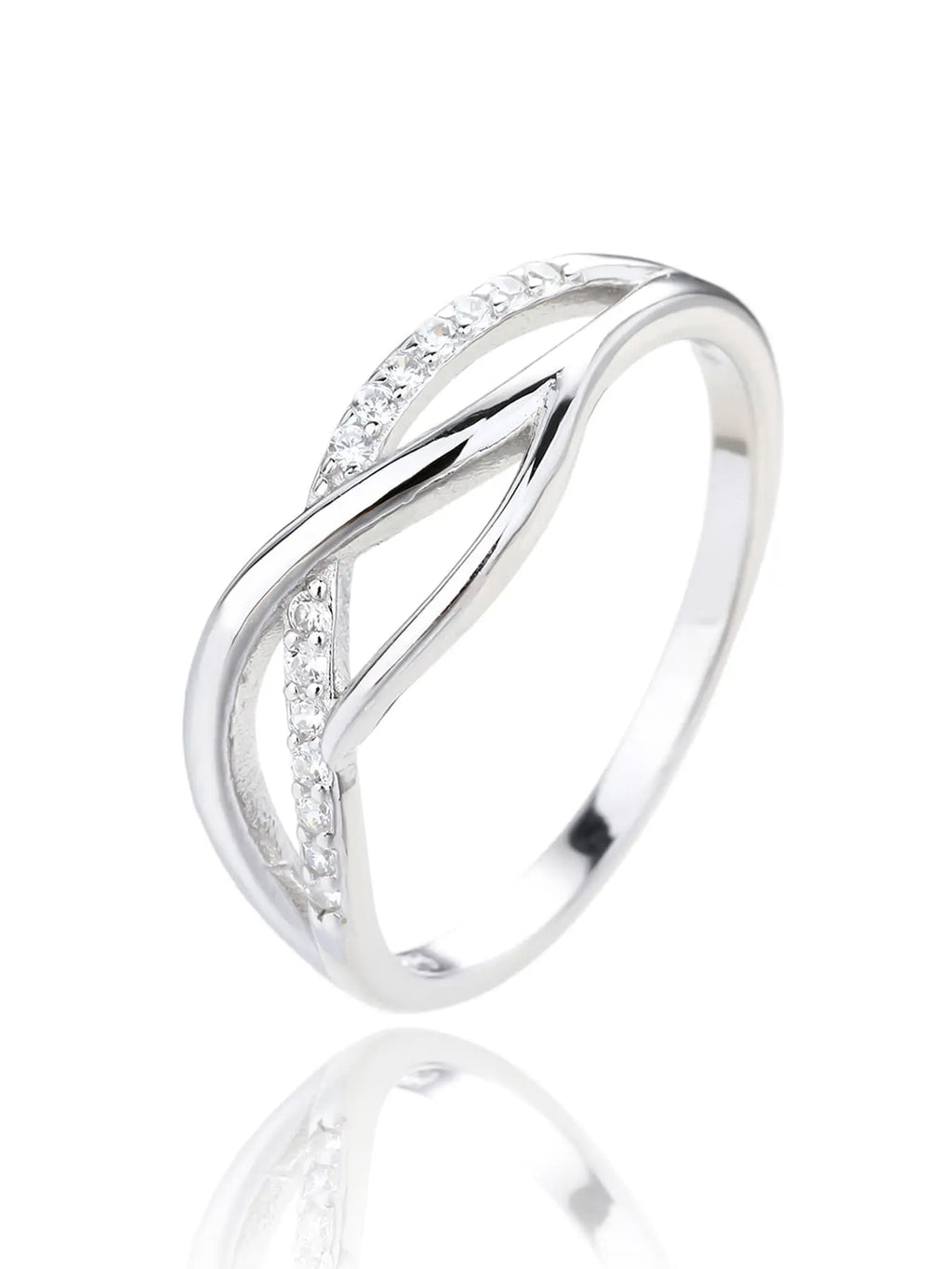 Silver ring with curved motif and white stones