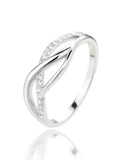 Silver ring with curved motif and white stones