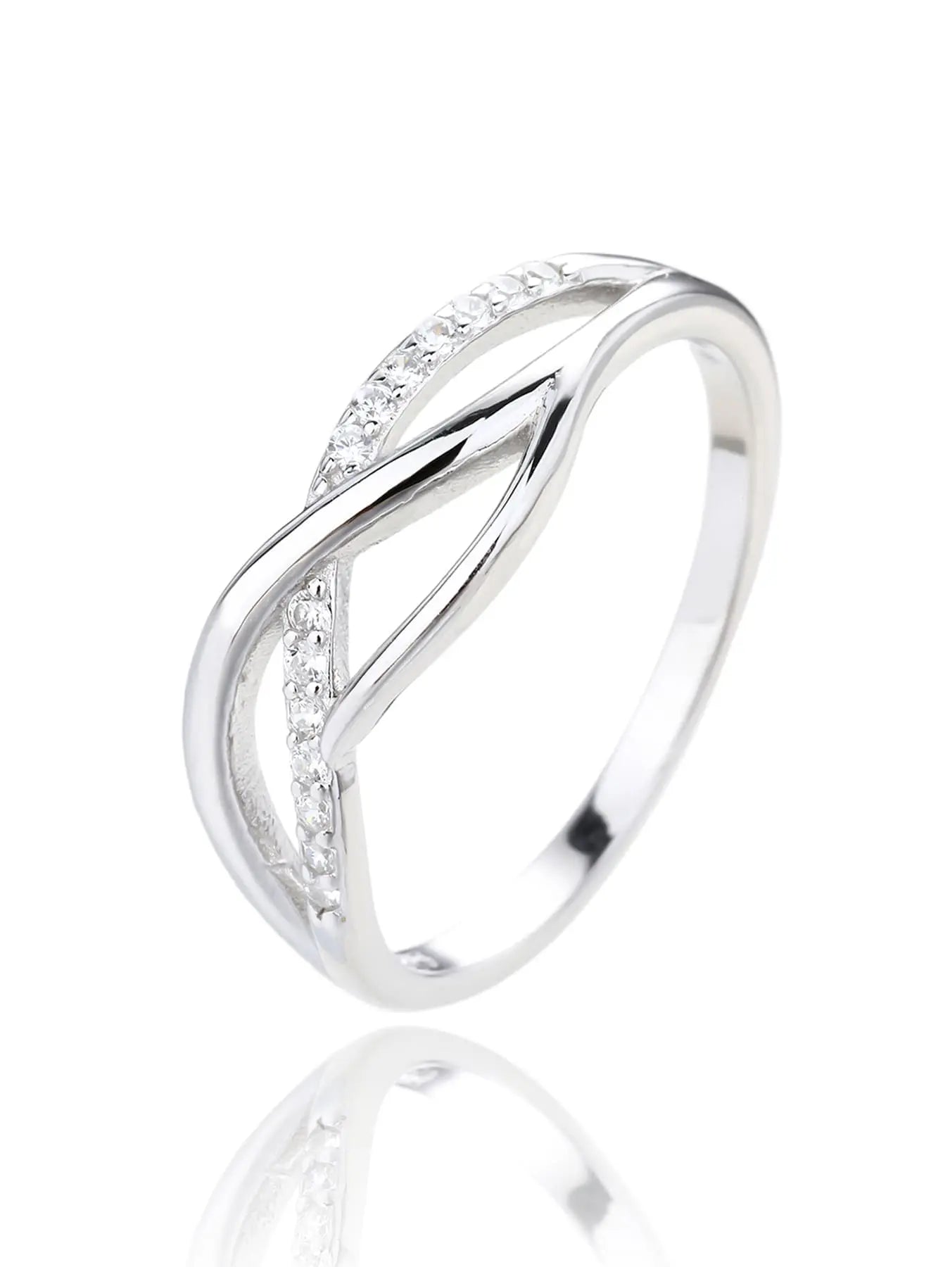 Silver ring with curved motif and white stones
