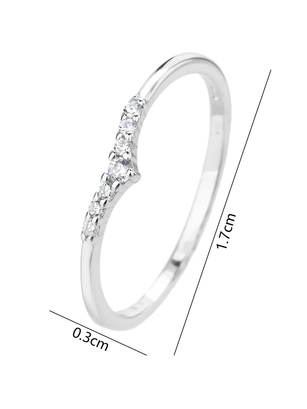 Silver ring with white cubic zirconia stones and V-shaped decoration