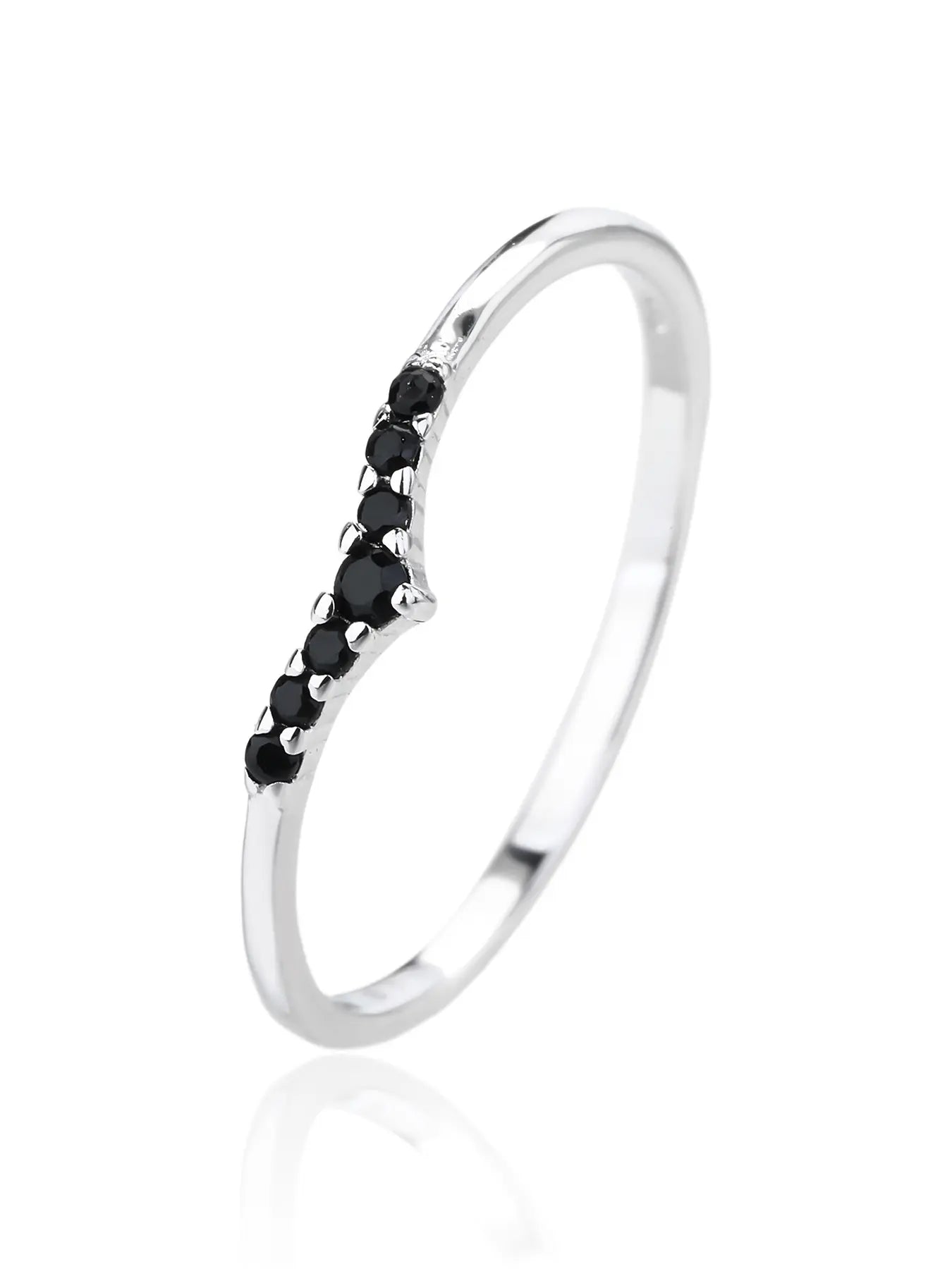 Silver ring with black cubic zirconia stones, V-shaped decoration