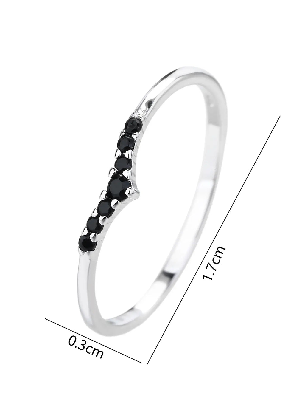 Silver ring with black cubic zirconia stones, V-shaped decoration