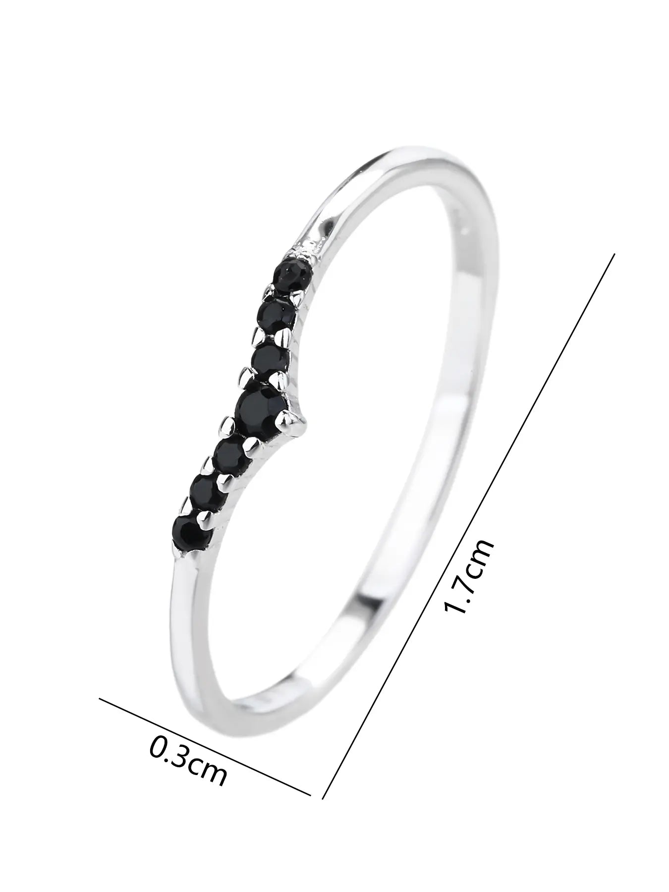Silver ring with black cubic zirconia stones, V-shaped decoration