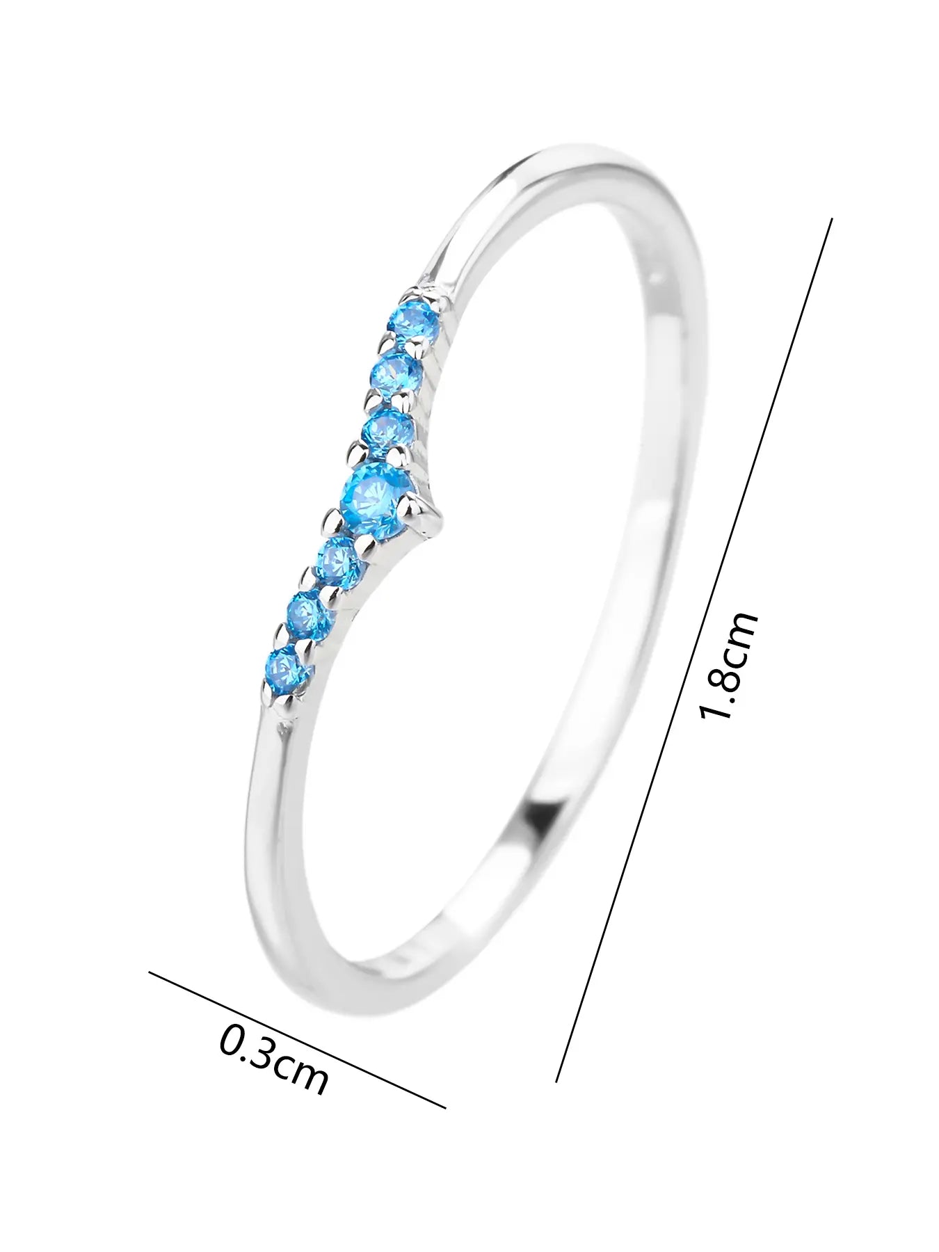 Silver ring with blue cubic zirconia stones, V-shaped decoration