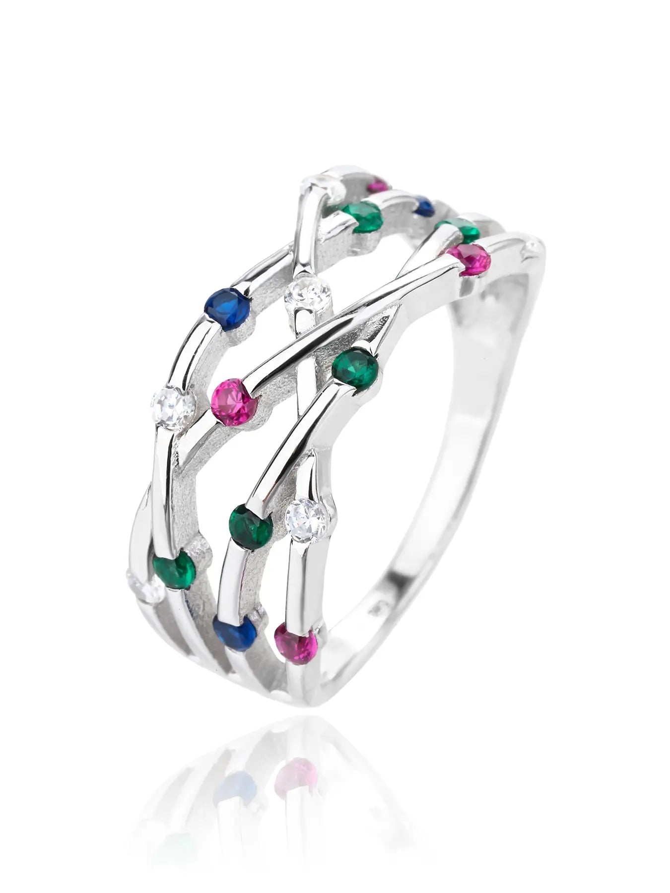 Silver ring with multicoloured cubic zirconia stones