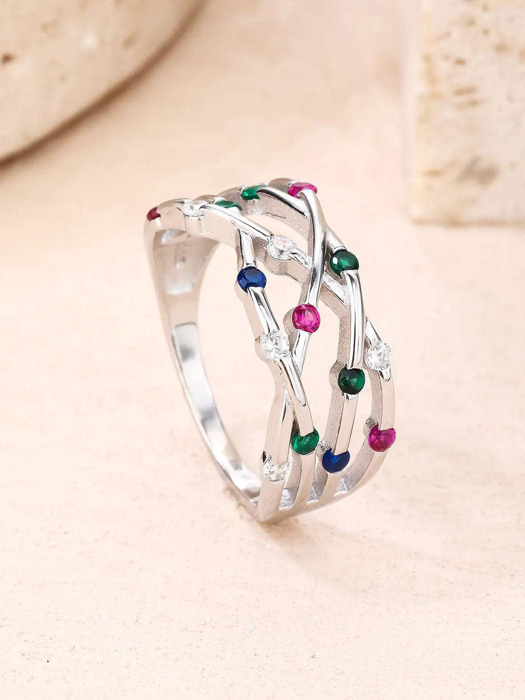 Silver ring with multicoloured cubic zirconia stones