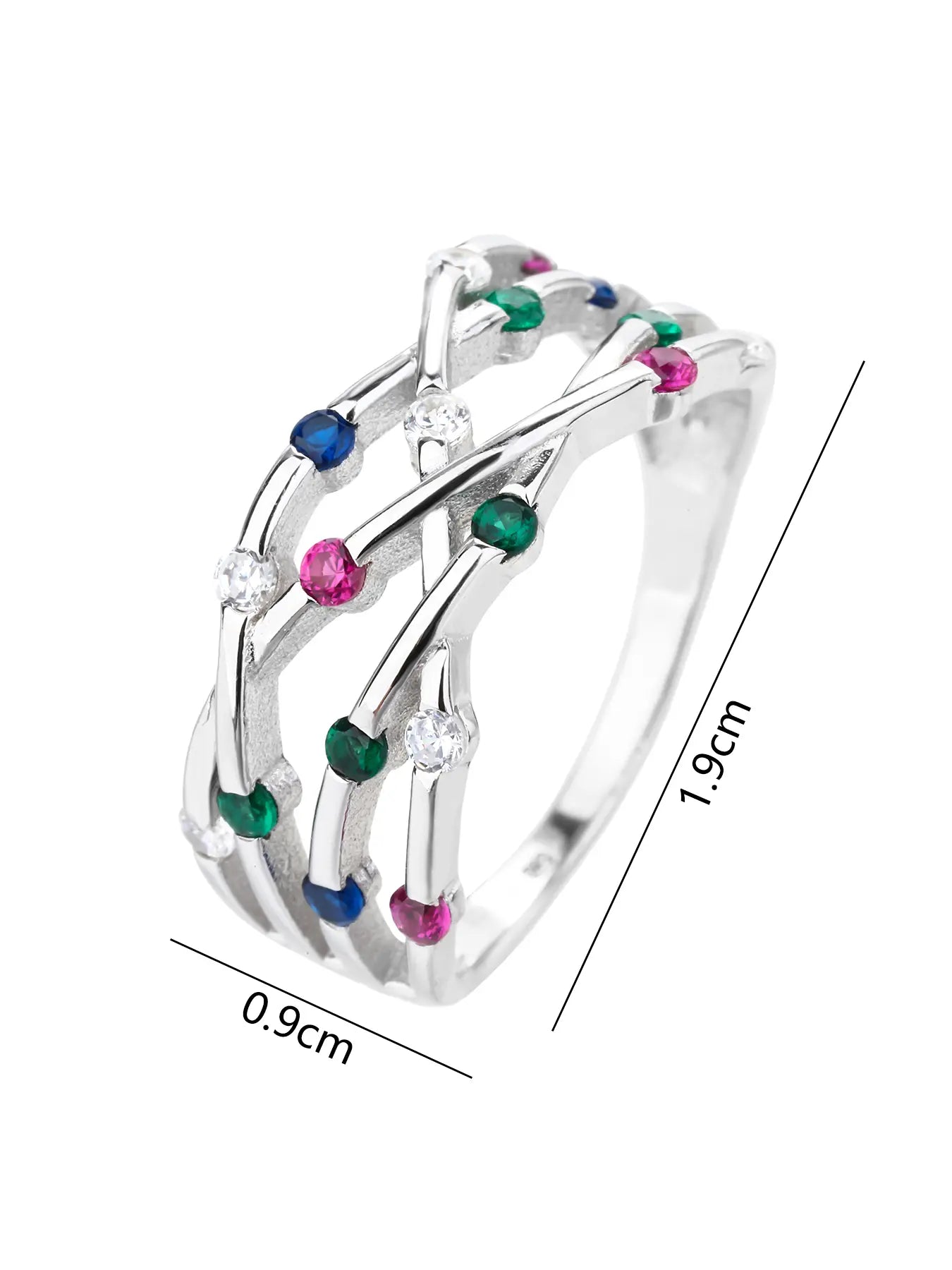 Silver ring with multicoloured cubic zirconia stones