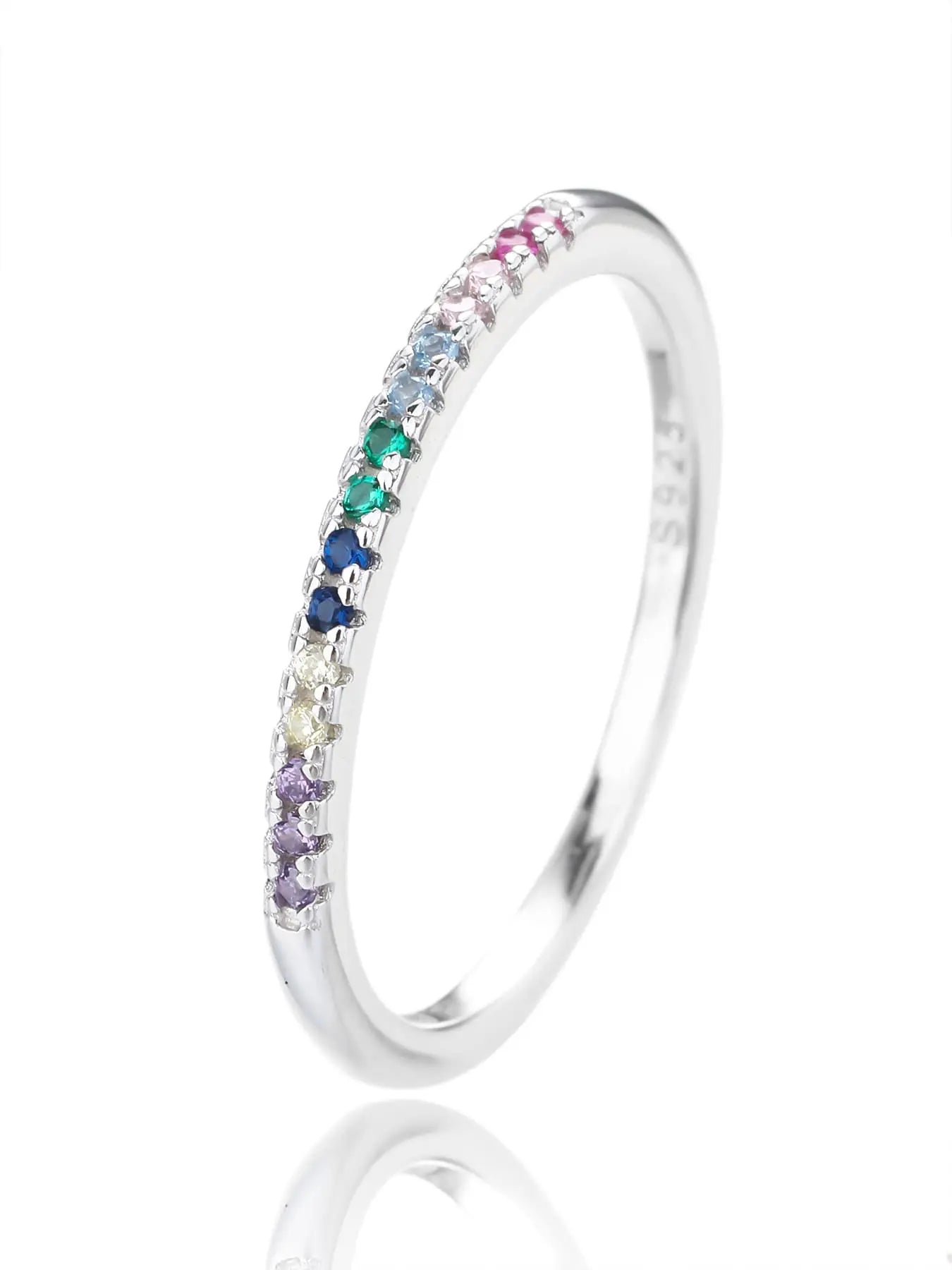 Silver ring with rainbow cubic zirconia stones