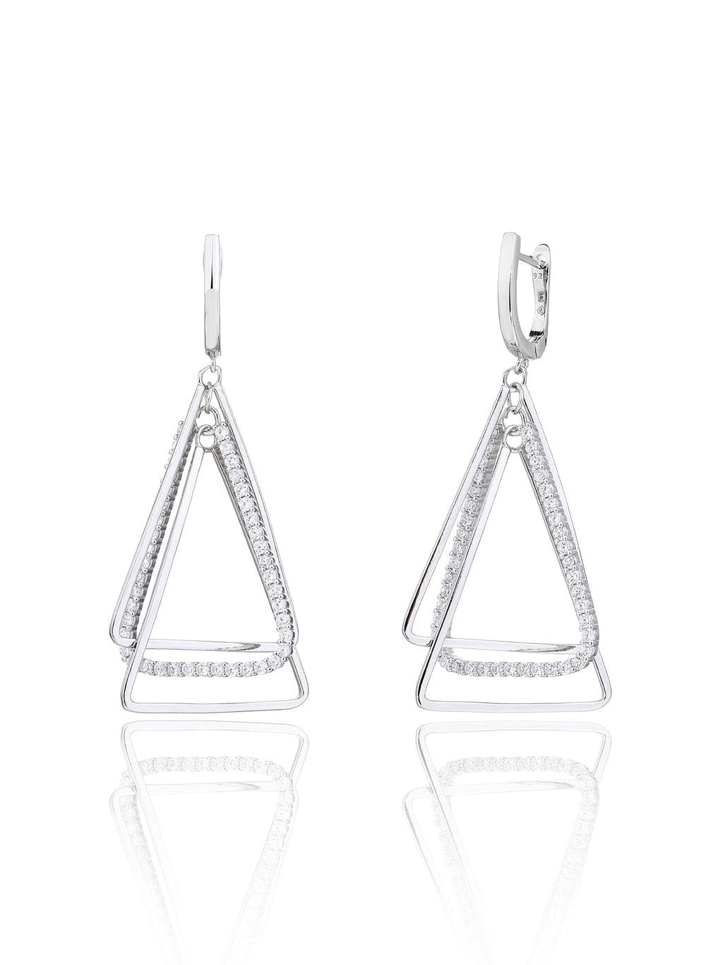 Open triangle white stone leverback earrings in hallmarked, rhodium-plated 925 sterling silver – front view – DRESCHER Jewellery®